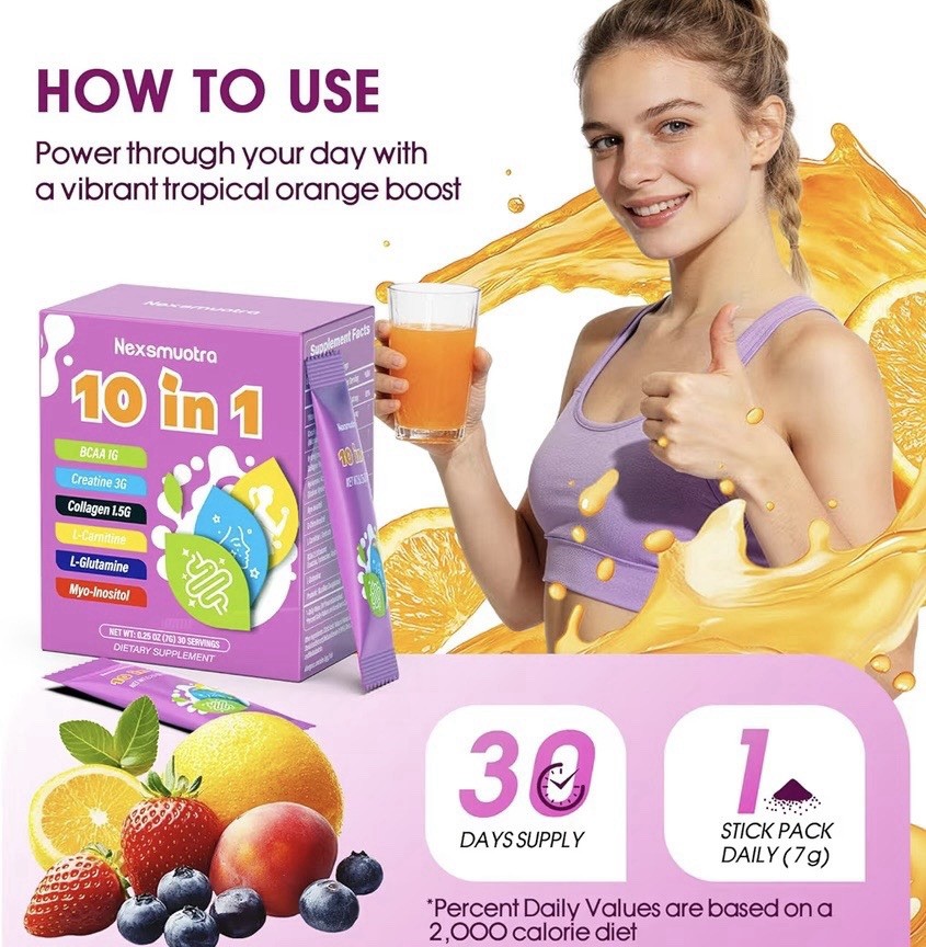 Nexsmuotra 10 in 1 Creatine Powder Stick Packs Tropical Orange 30 Count 7g