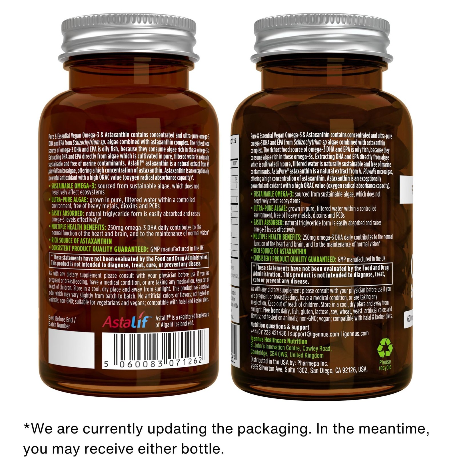Igennus Vegan Omega-3 Algae Oil, IAOS Certified 60 Count (Pack of 1), Brown