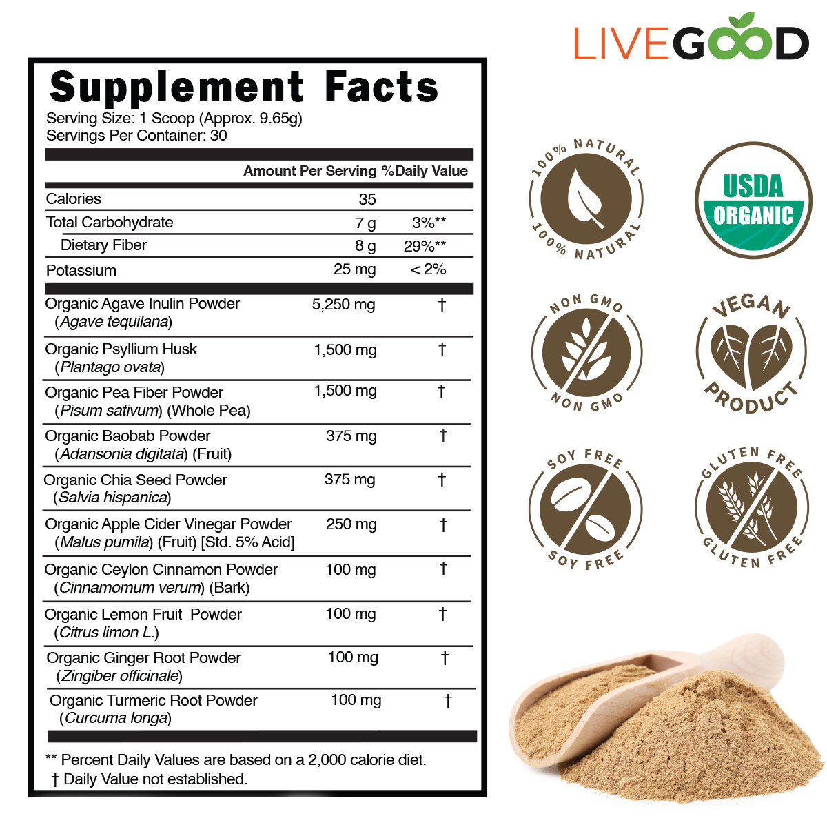 LiveGood USDA Organic Fiber Powder 8g Fiber 10 Sources Psyllium Vegan 30 Scoops