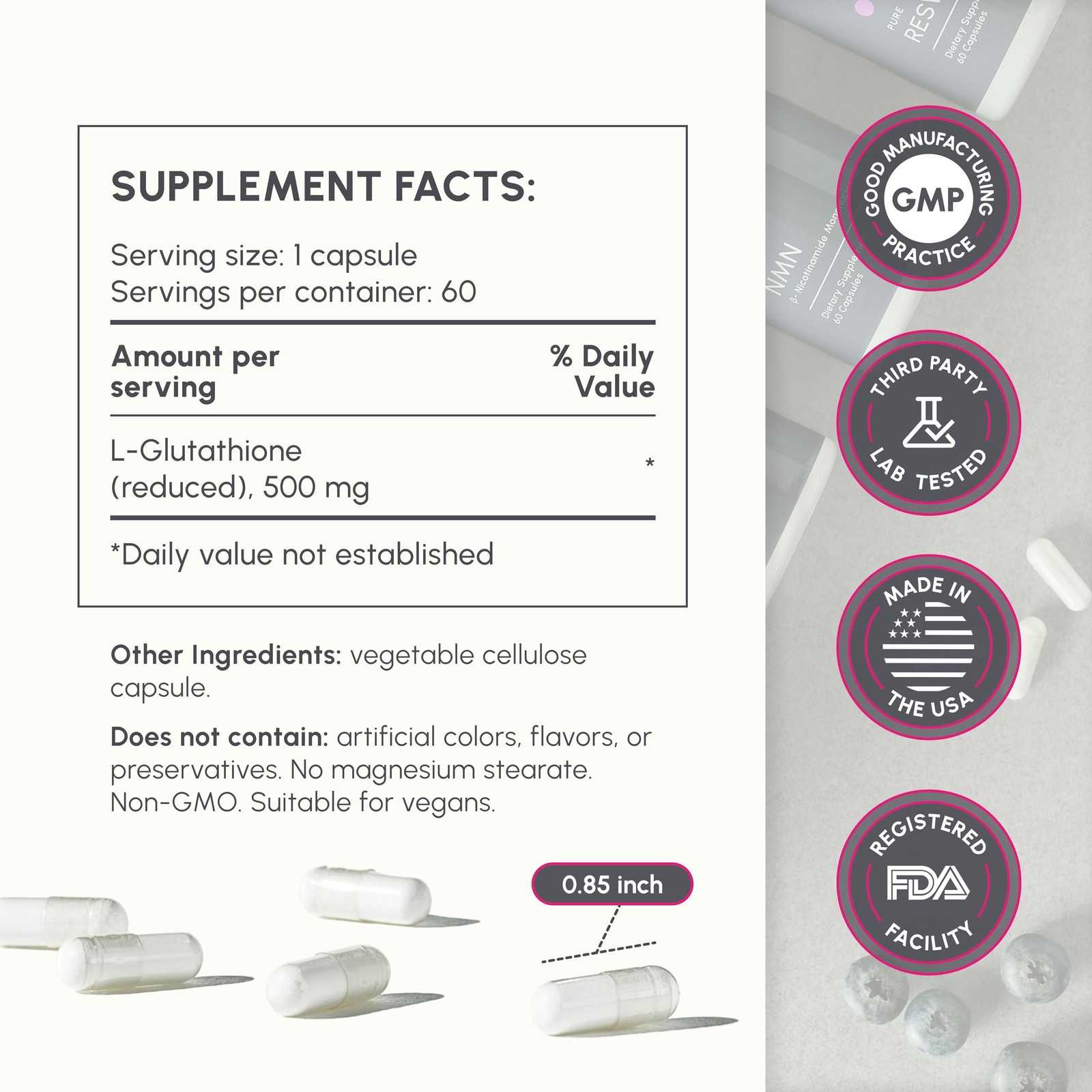 partiQlar L-Glutathione 500mg – High Potency Glutathione 60 Count (Pack of 1)