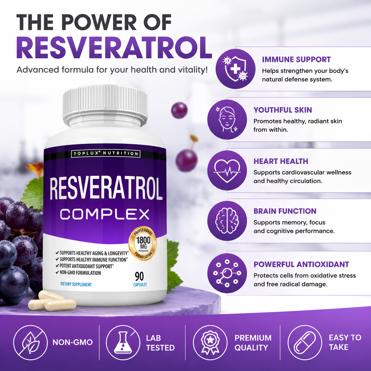 3 Pack Resveratrol 1800mg Antioxidant Supplement 90 Capsules