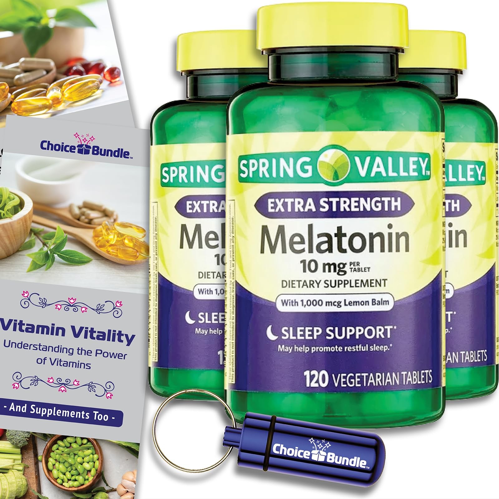 Spring Valley Melatonin 10mg Lemon Balm 3Pk (360ct) + Bonus Vit Guide & Case