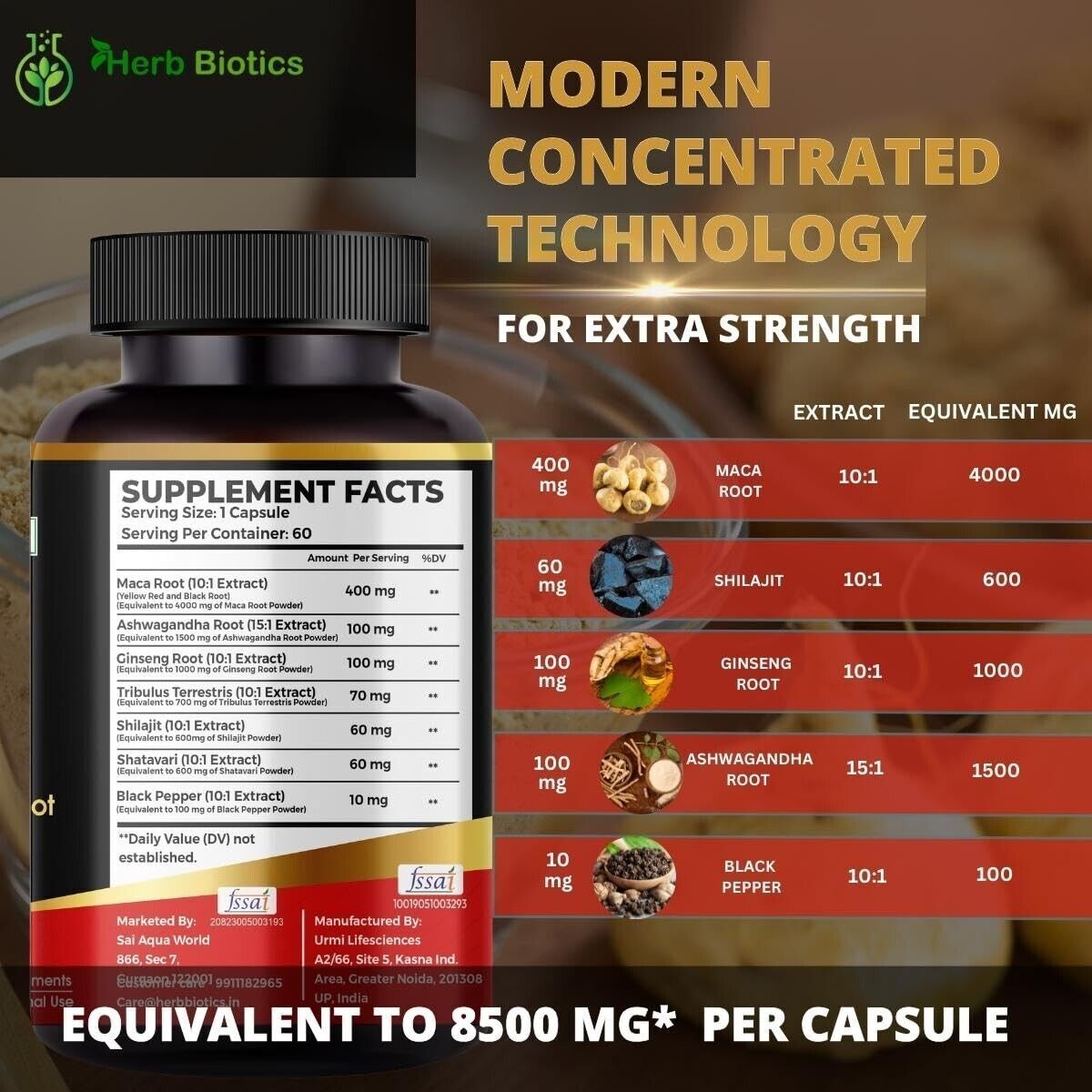 Maca Root Capsules 8500mg for Boost Energy Male Stamina & Performance 60Ct.