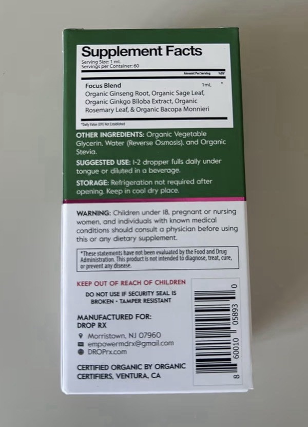 DROP Rx Focus Herbal Supplement Liquid Drops Brain Support Vegan Organic 2 fl oz