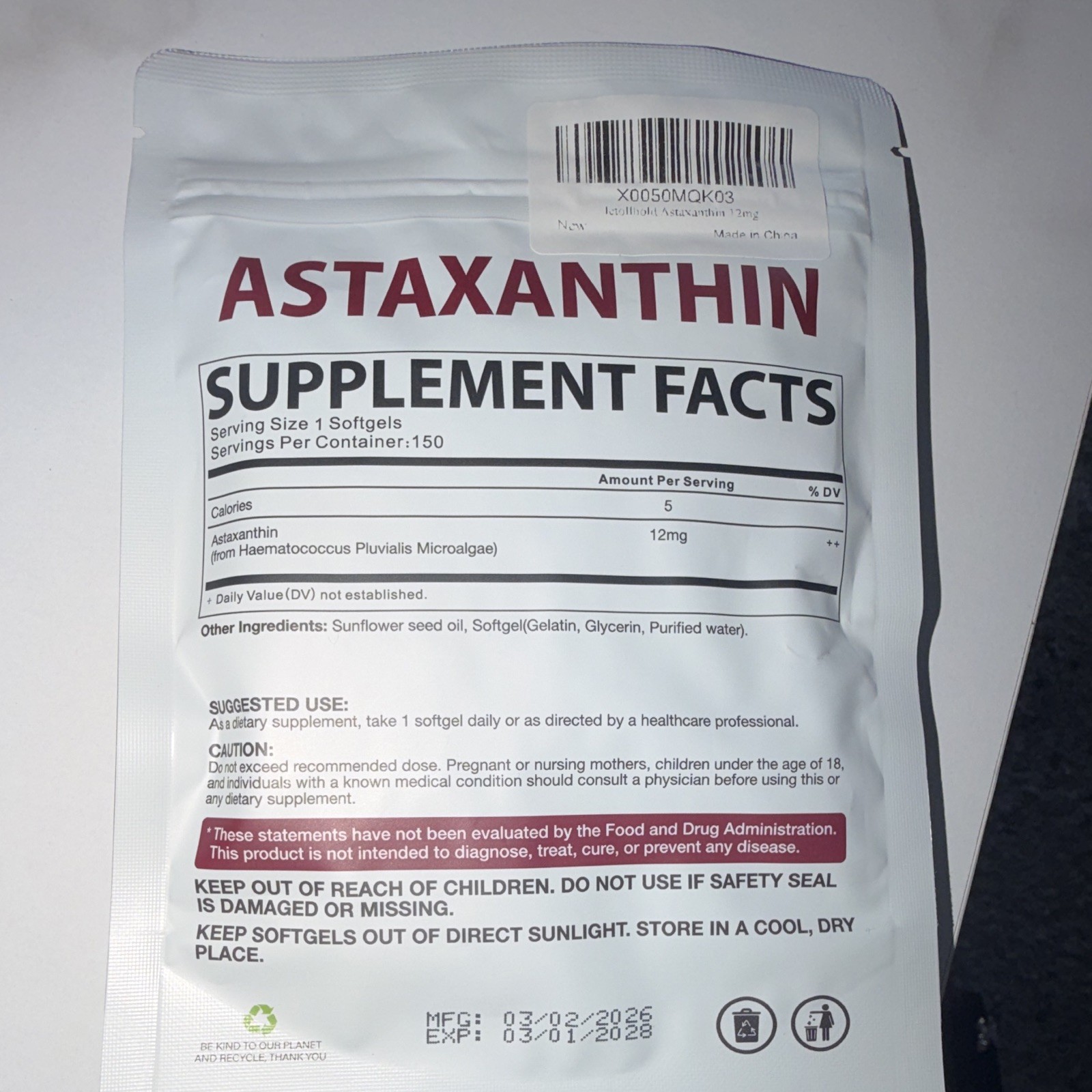letollhold Astaxanthin 12mg 150 Softgels GMO-Free Gluten-Free Soy-Free