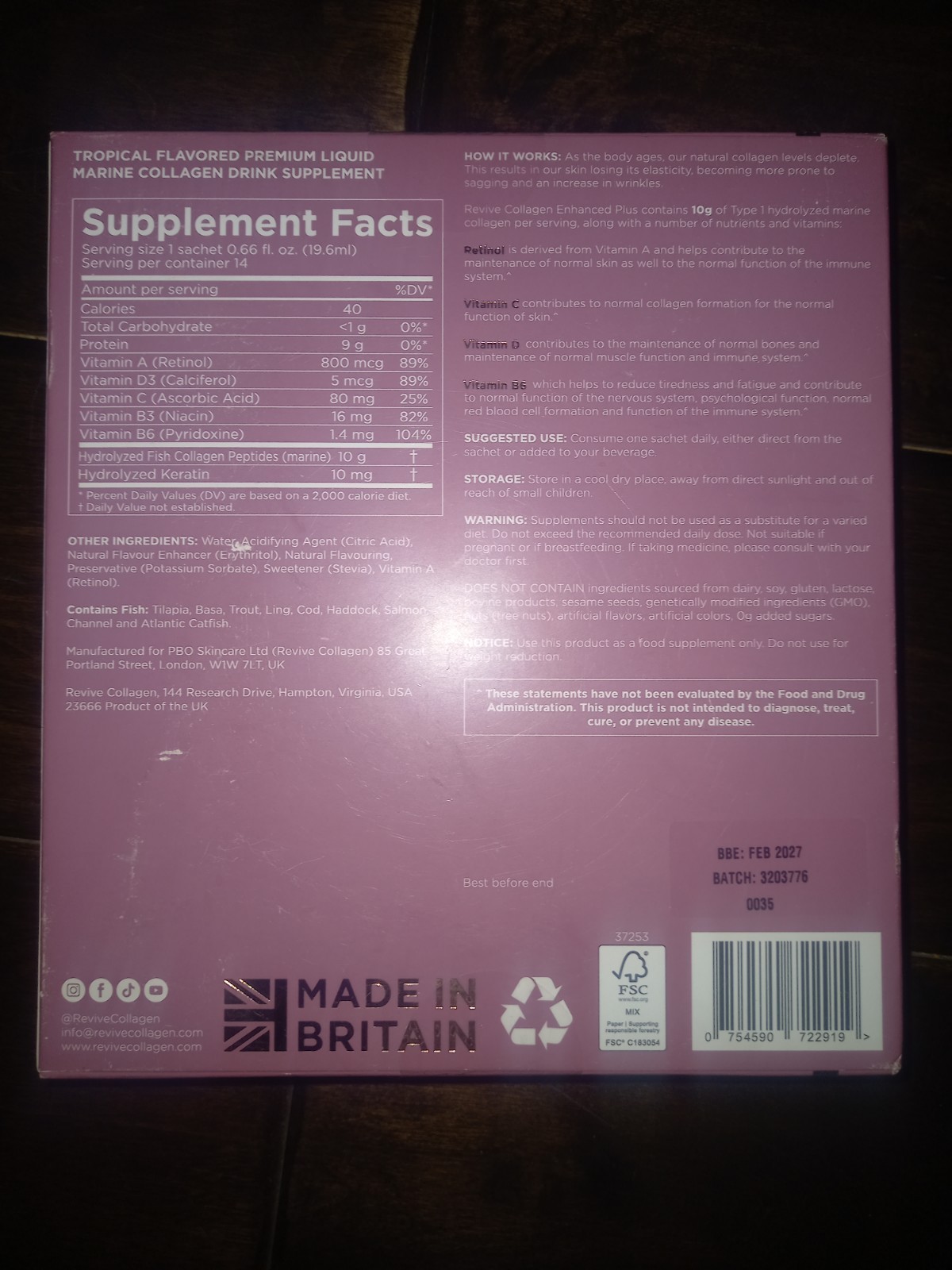 Revive Collagen Enhanced Plus Liquid Marine Collagen 14 Sachets Tropical