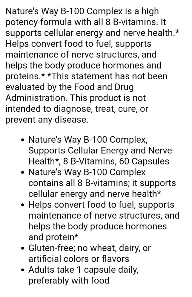 New Nature’s Way B-100 Complex Dietary Supplement 60 Count Capsules Bottle-01/27