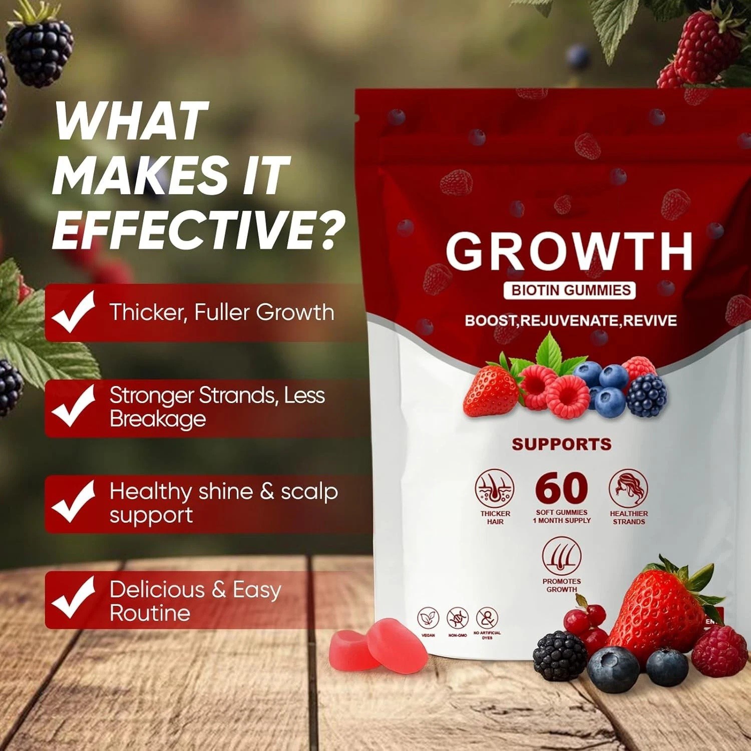 Hair Growth Gummies – Biotin Vitamins Plant Extracts, Supports Health