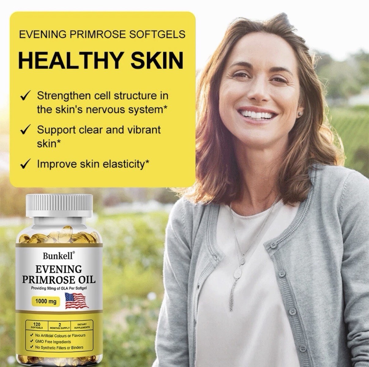 Bunkell Evening Primrose Oil Softgels Non-GMO 1000mg 120 Count