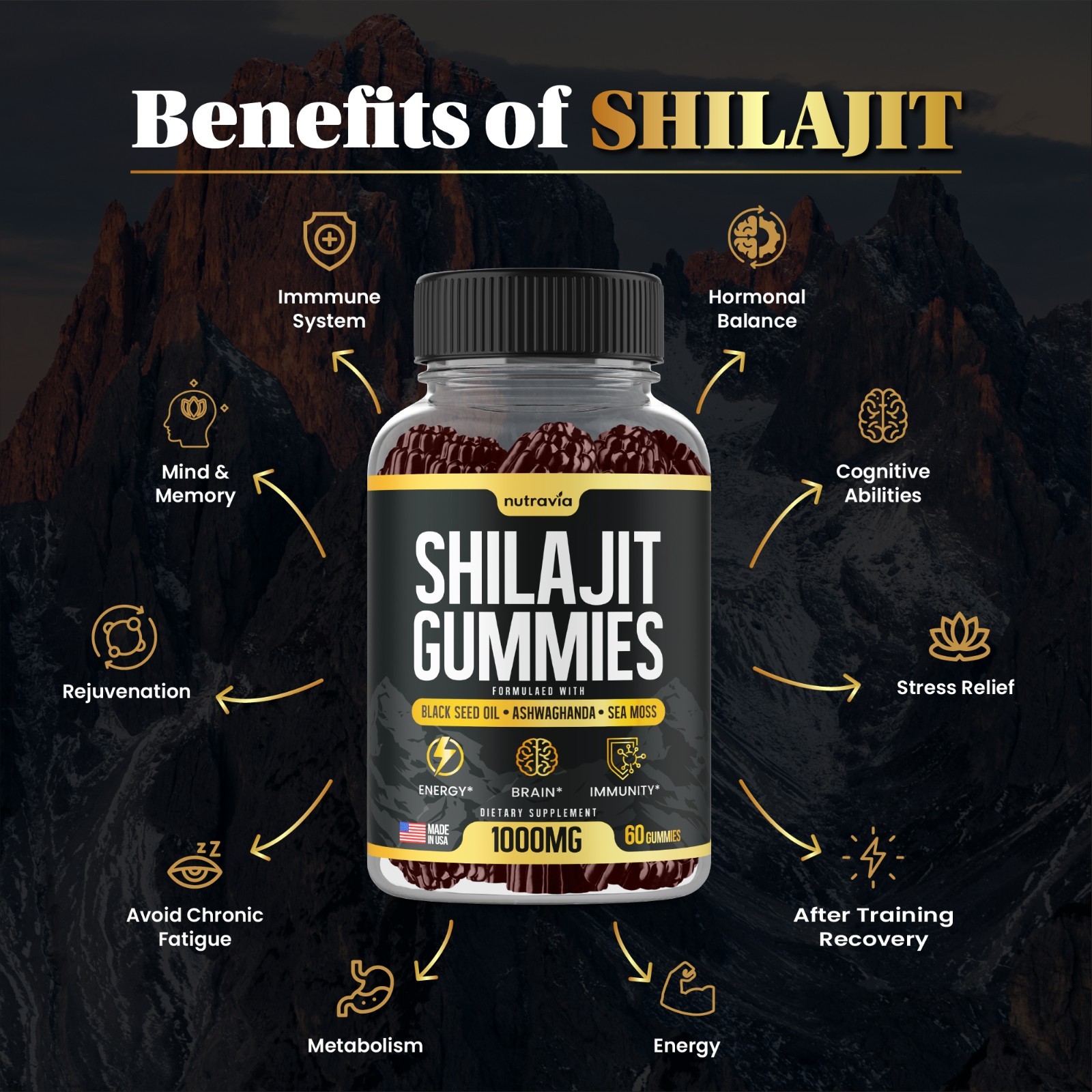 Shilajit Gummies – 3 in 1 with Sea Moss, Black Seed Oil, Ashwagandha Gummies