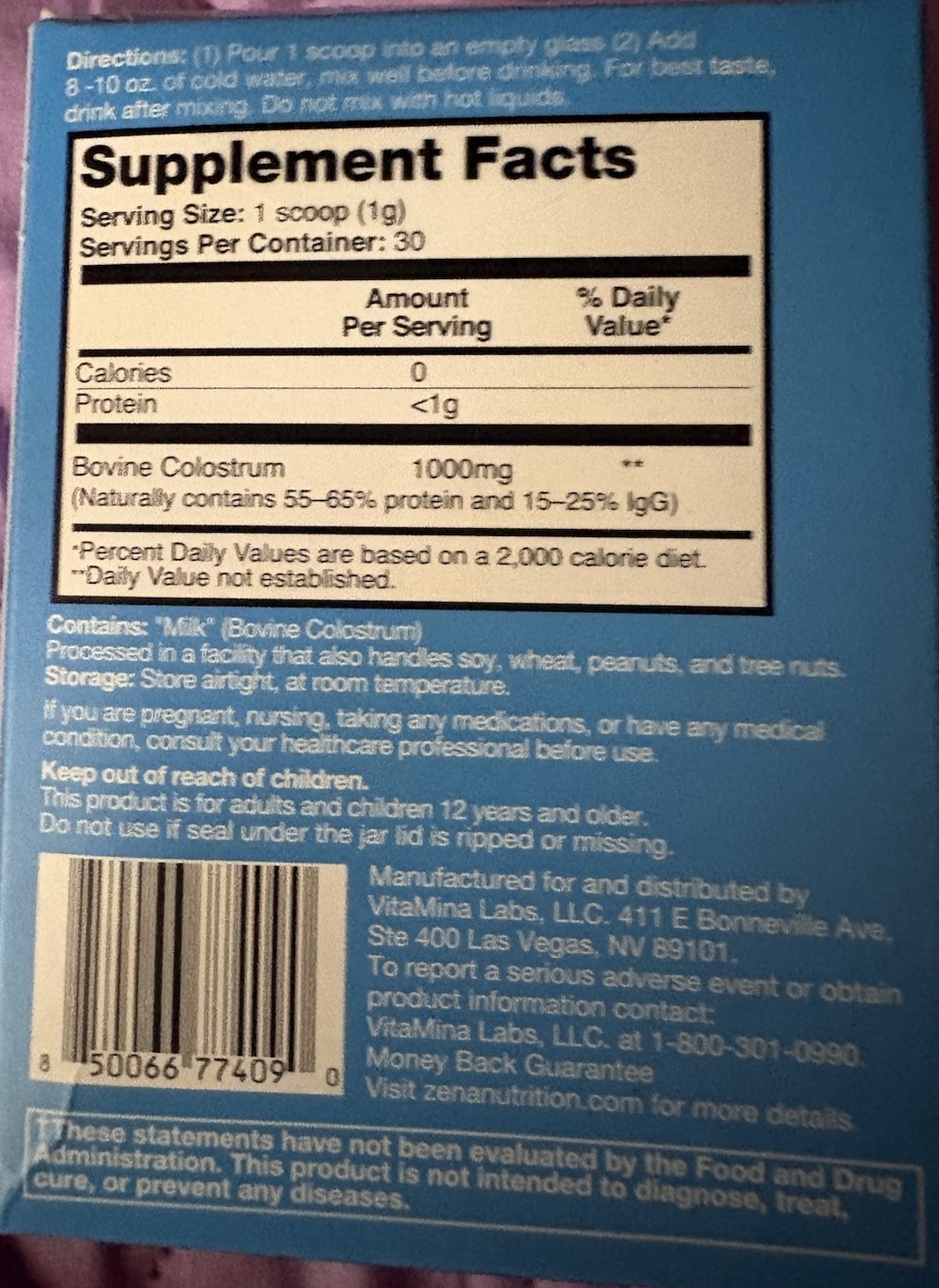 Zena Nutrition Bovine Colostrum 1000mg Powder 30g 30 Servings GF Exp 11/27