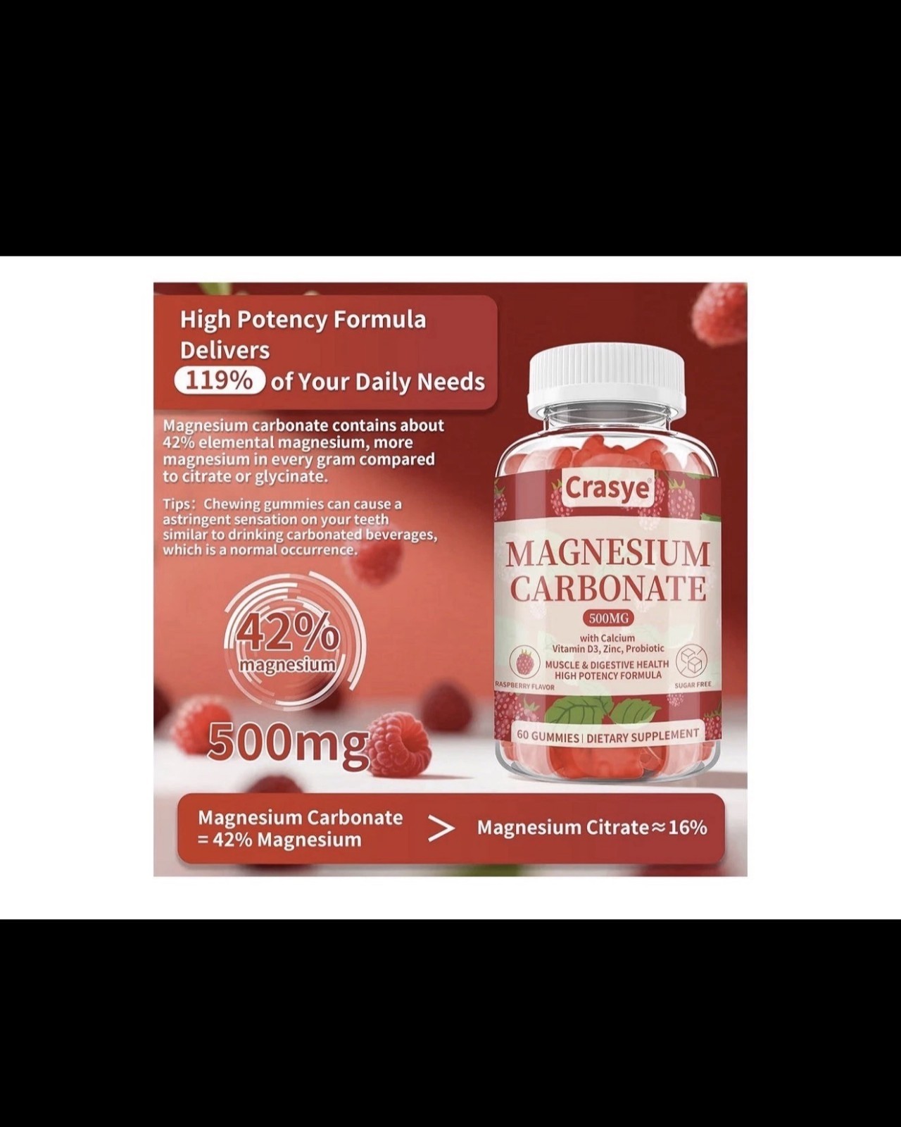 Crasye Magnesium Carbonate Gummies 500mg Sugar Free Raspberry 60ct