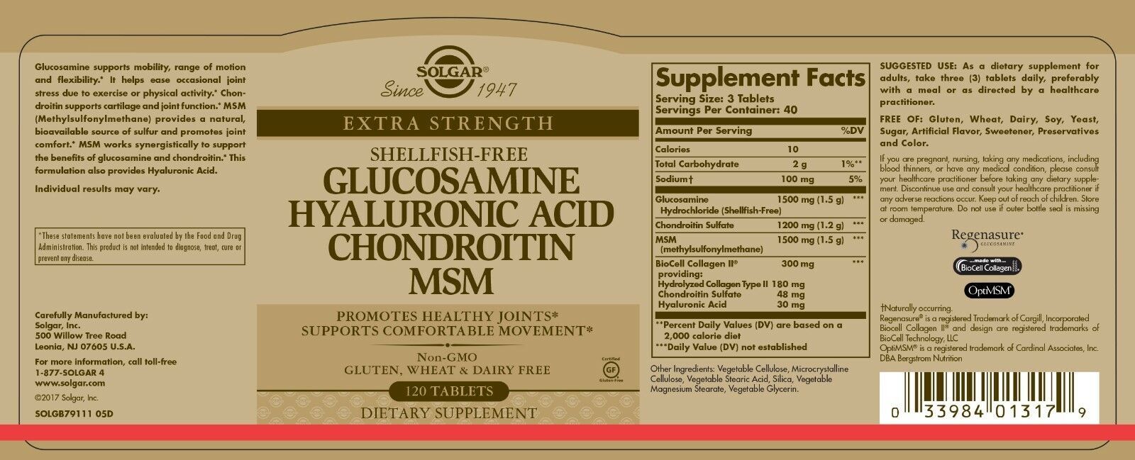 2 x Solgar Glucosamine Hyaluronic Acid Chondroitin MSM Shellfish Free 120 Tabs