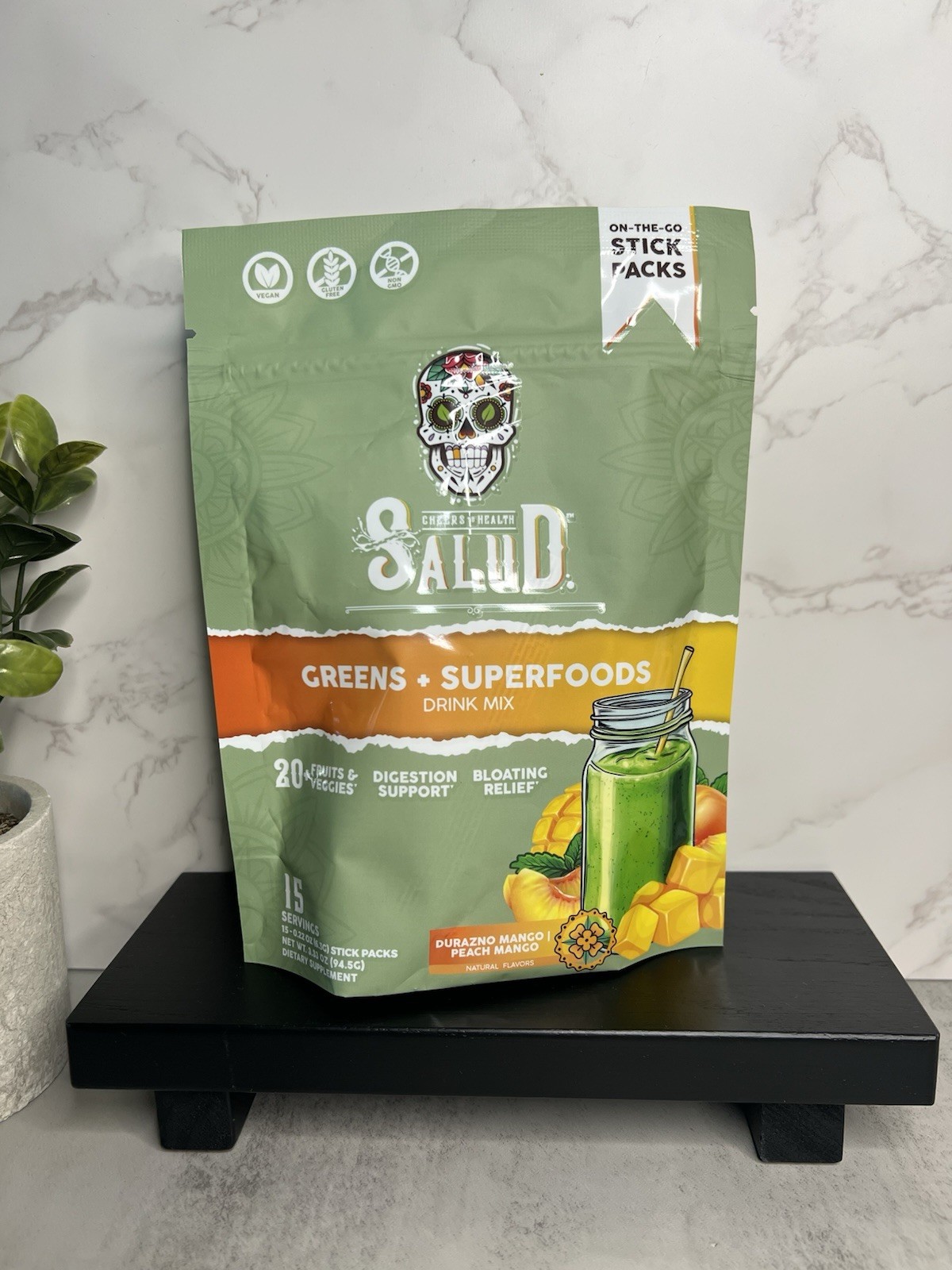 Salud Greens + Superfoods Drink Mix Peach Mango 15 Sticks Vegan Exp 12/2027