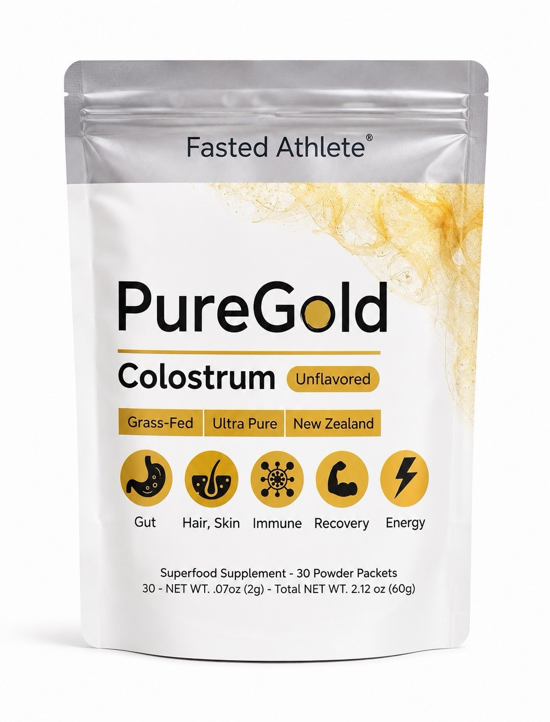 Fasted Athlete PureGold Colostrum Unflavored Grass Fed Powder Packets 30 Ct 60g
