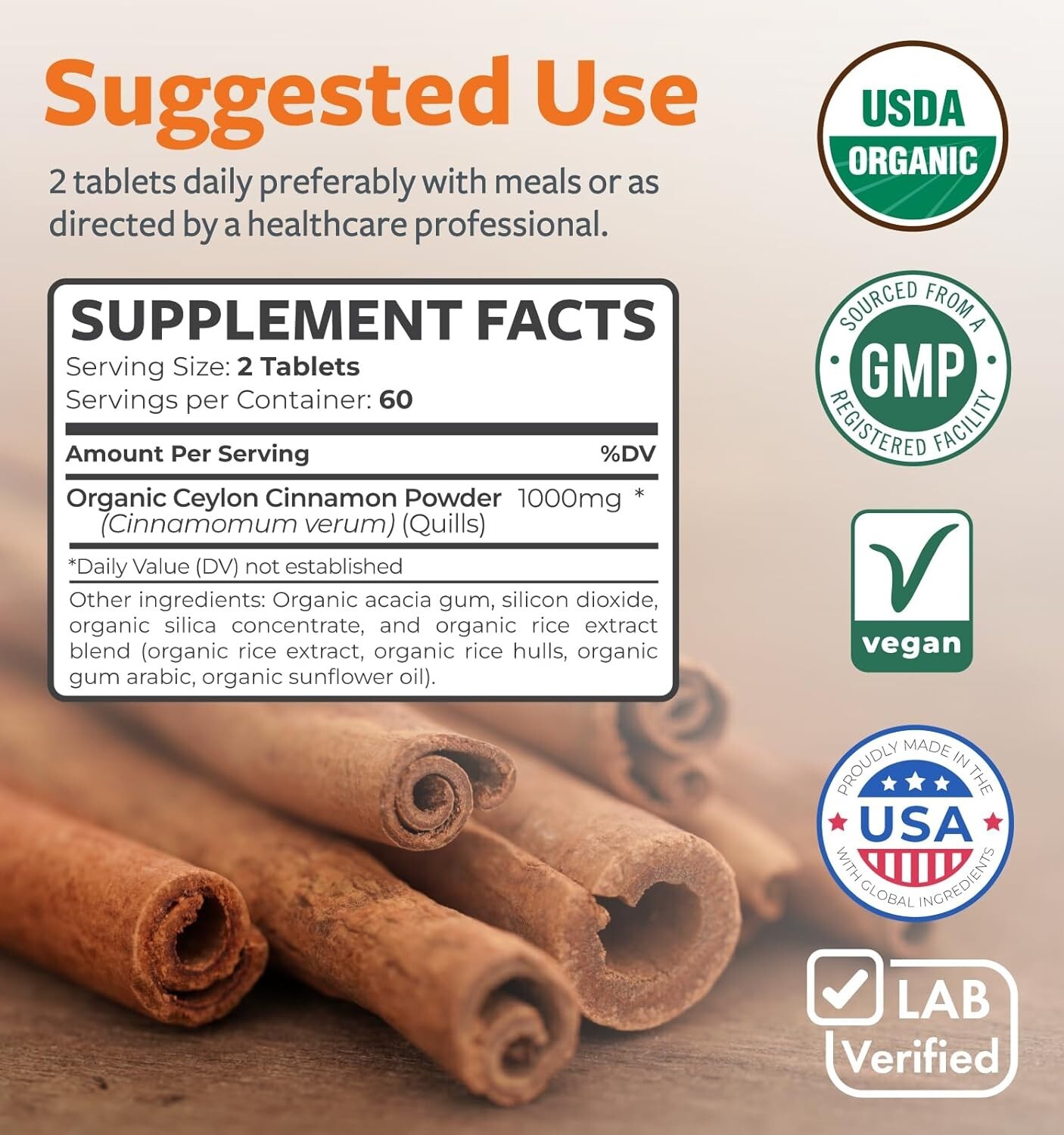 USDA Organic Ceylon Cinnamon 1000mg Cinnamon Quill Powder per Serving, 120 ct