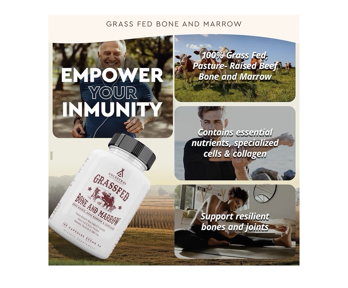 Ancestral Supplements Bone and Marrow Grass Fed Beef Pasture Raised 180 Capsules