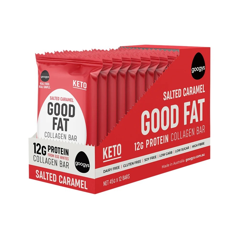 New Googys Good Fat Collagen Bar Salted Caramel 45g x 12 Bars