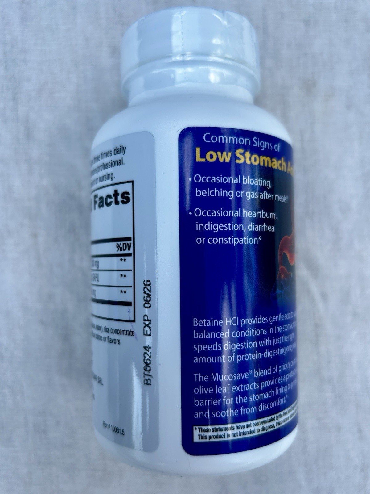 Enzymedica Betaine HCl 1300mg 120 Capsules Vegan Non-GMO Heartburn Relief