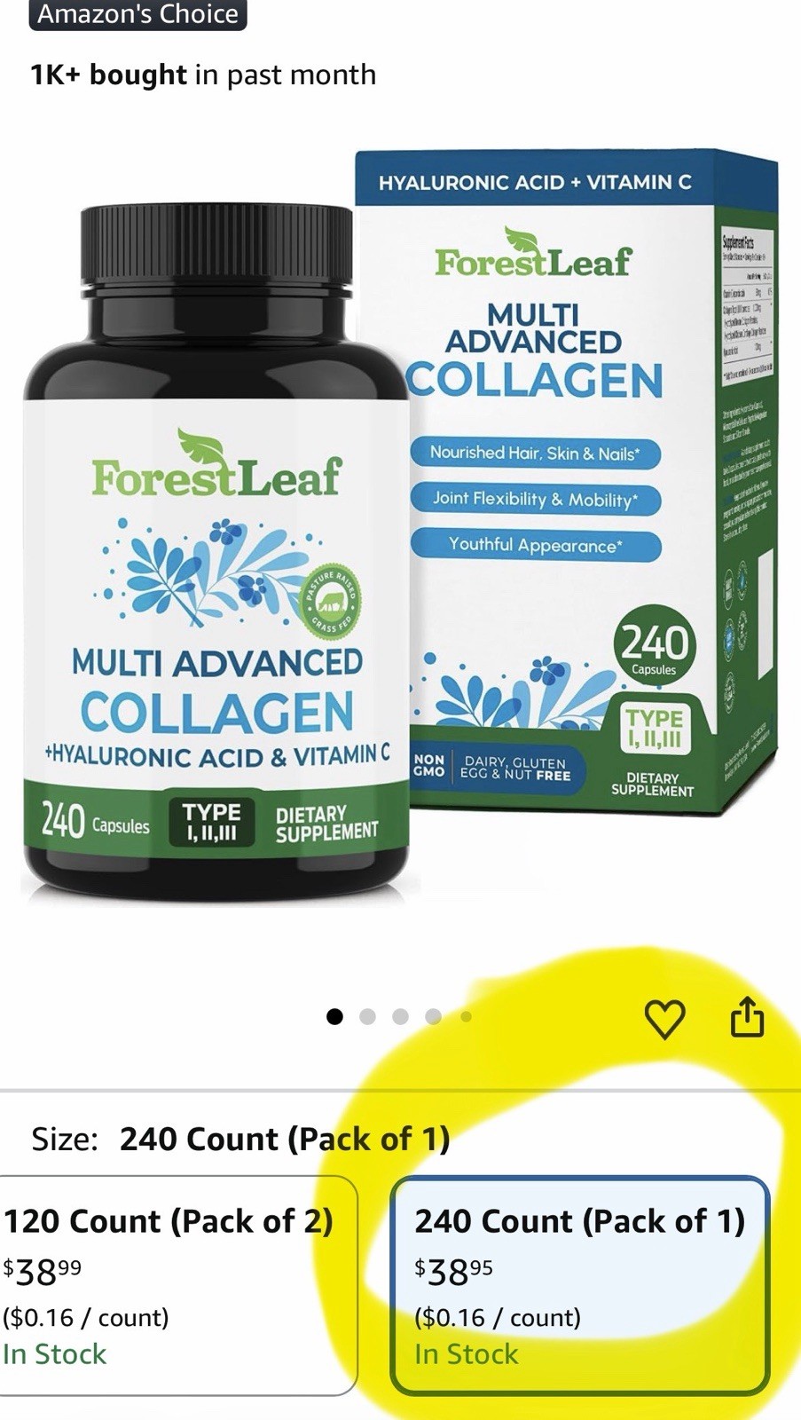 ForestLeaf Advanced Collagen Type I II III + HA + Vitamin C 240 Caps Exp 09/2027