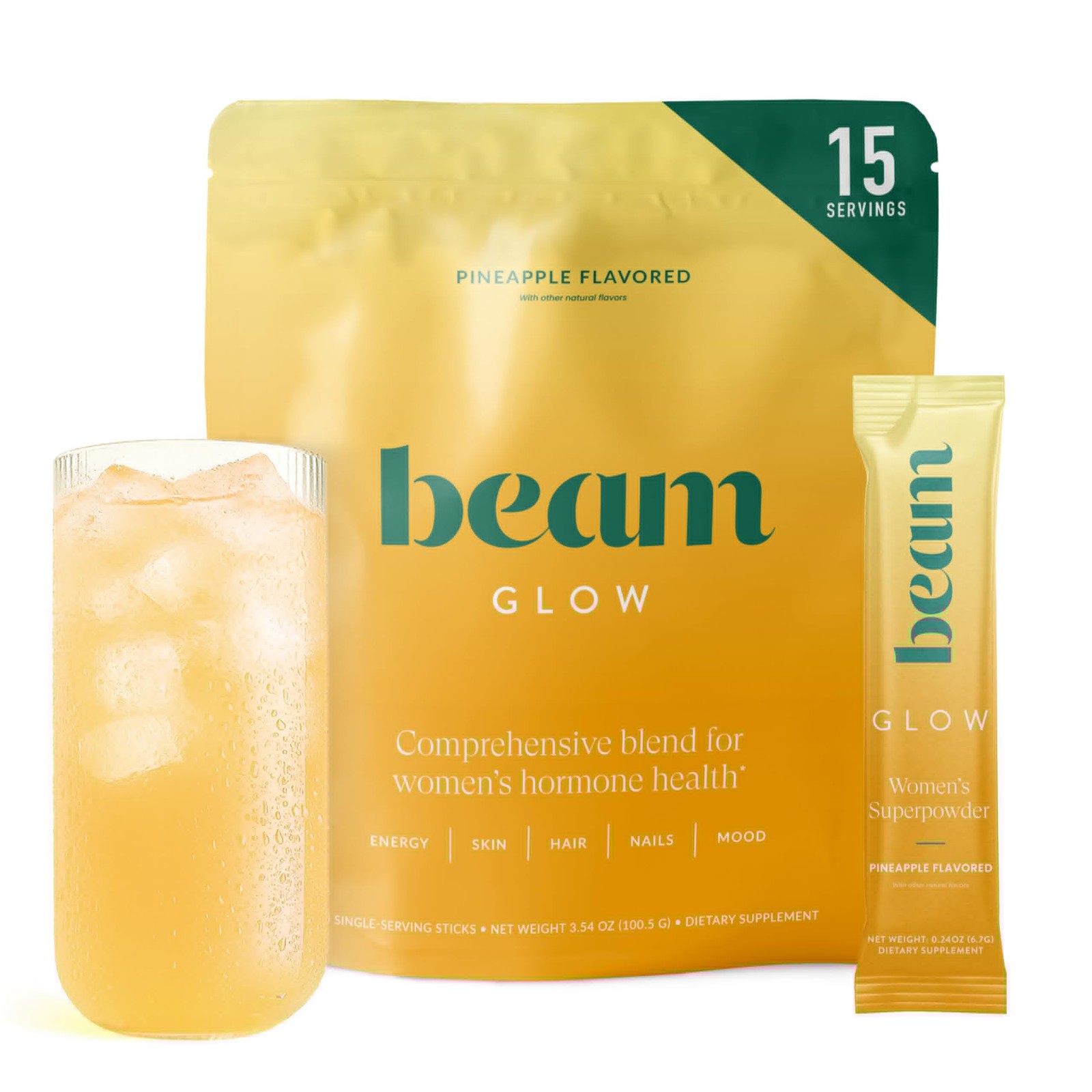 BEAM Glow Women’s Wellness Supplement Powder, Pineapple – 15 Sticks