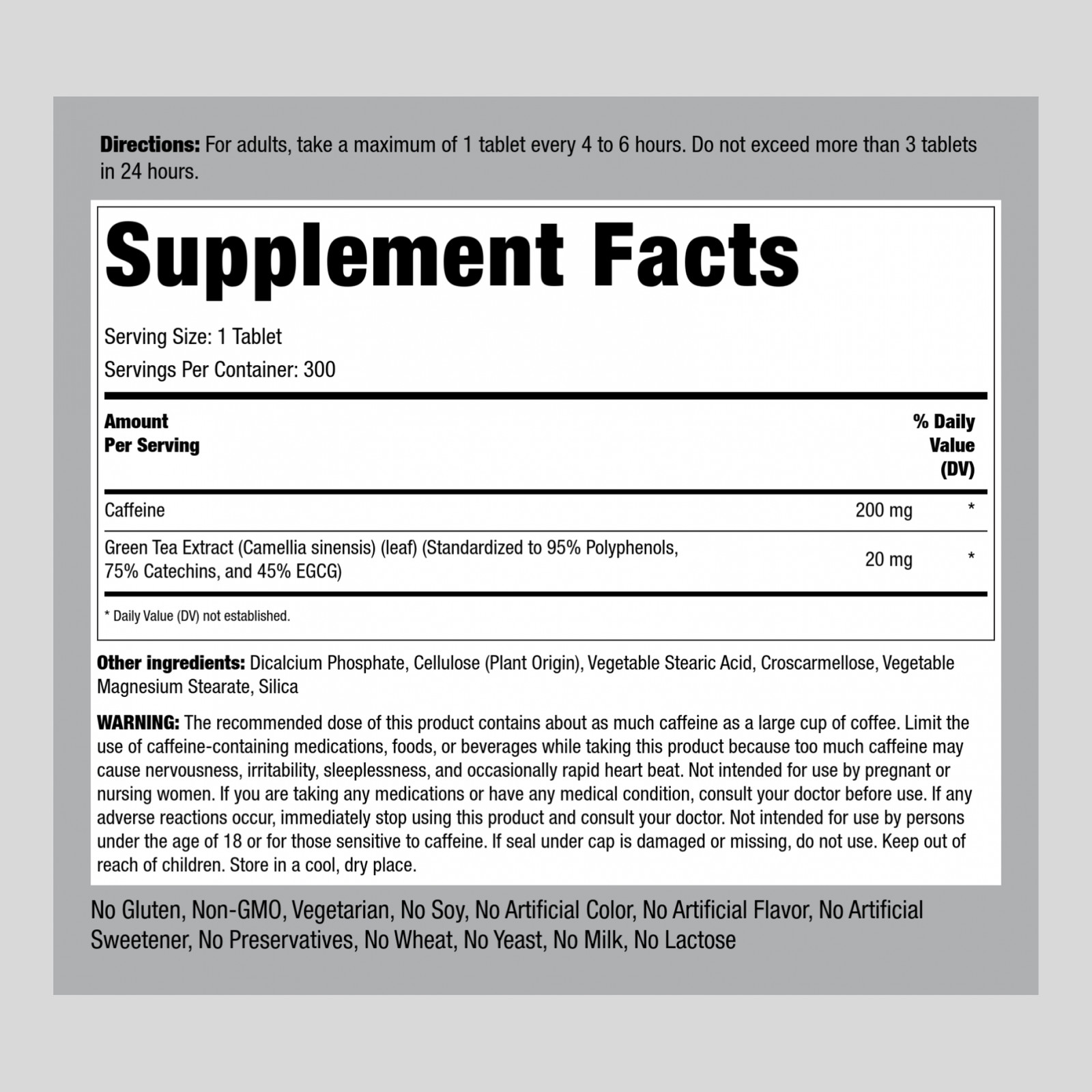 Caffeine Plus Green Tea | 220mg | 300 Tablets | Non-GMO | By Piping Rock