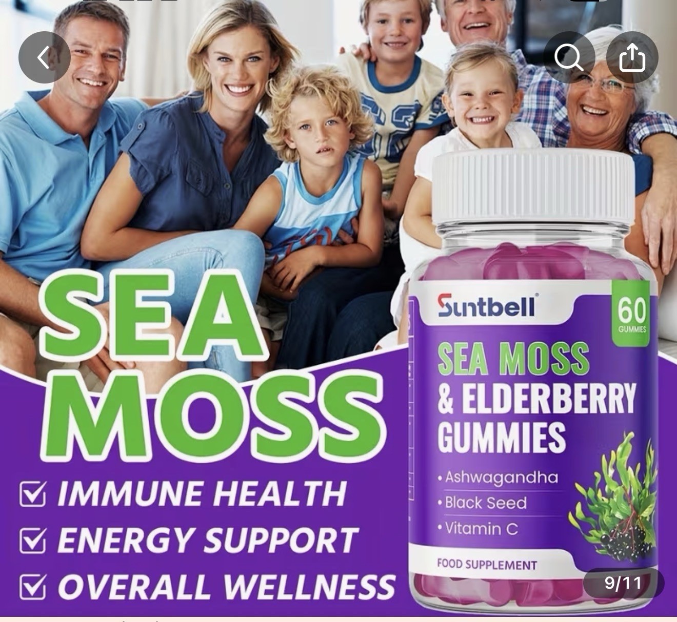 Suntbell Sea Moss & Elderberry Gummies w/ Vitamin C, Grape, 60 Ct