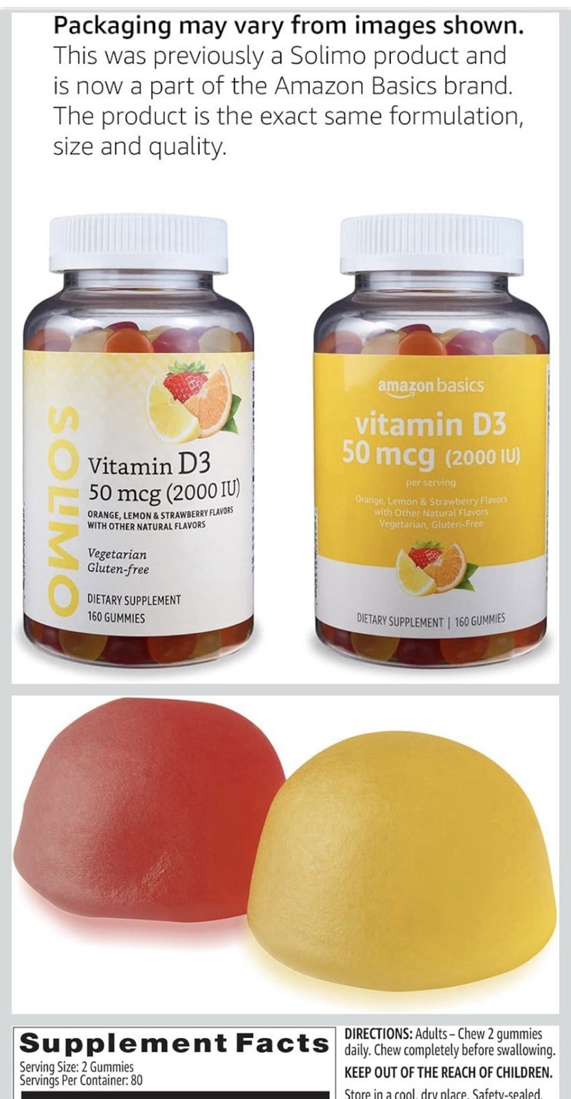 Amazon Basics Vitamin D3 Gummies 50mcg (2000 IU) 160ct Gluten-Free Veg