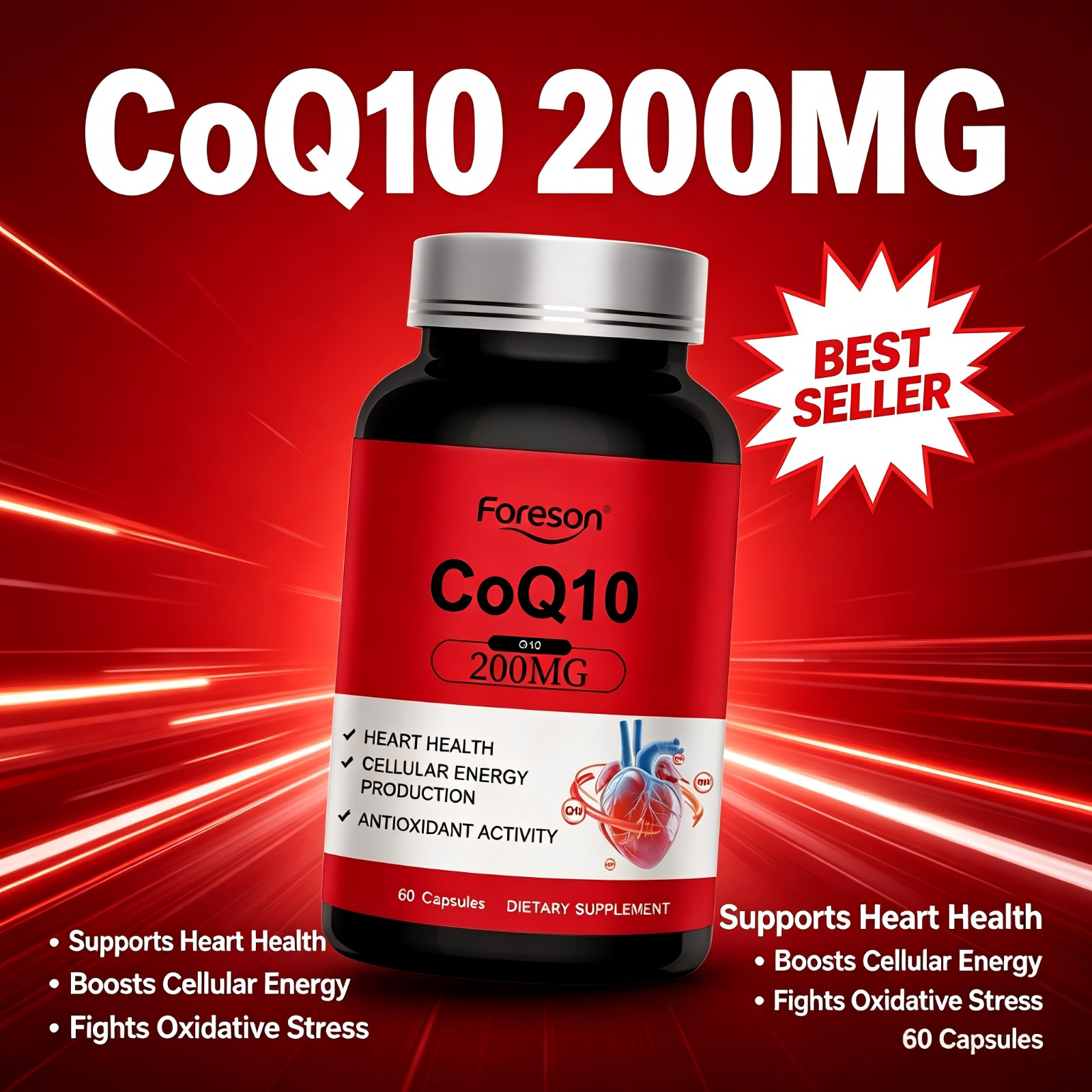 Foreson Coenzyme Q10 Capsules Heart Health Antioxidant Energy Support Supplement