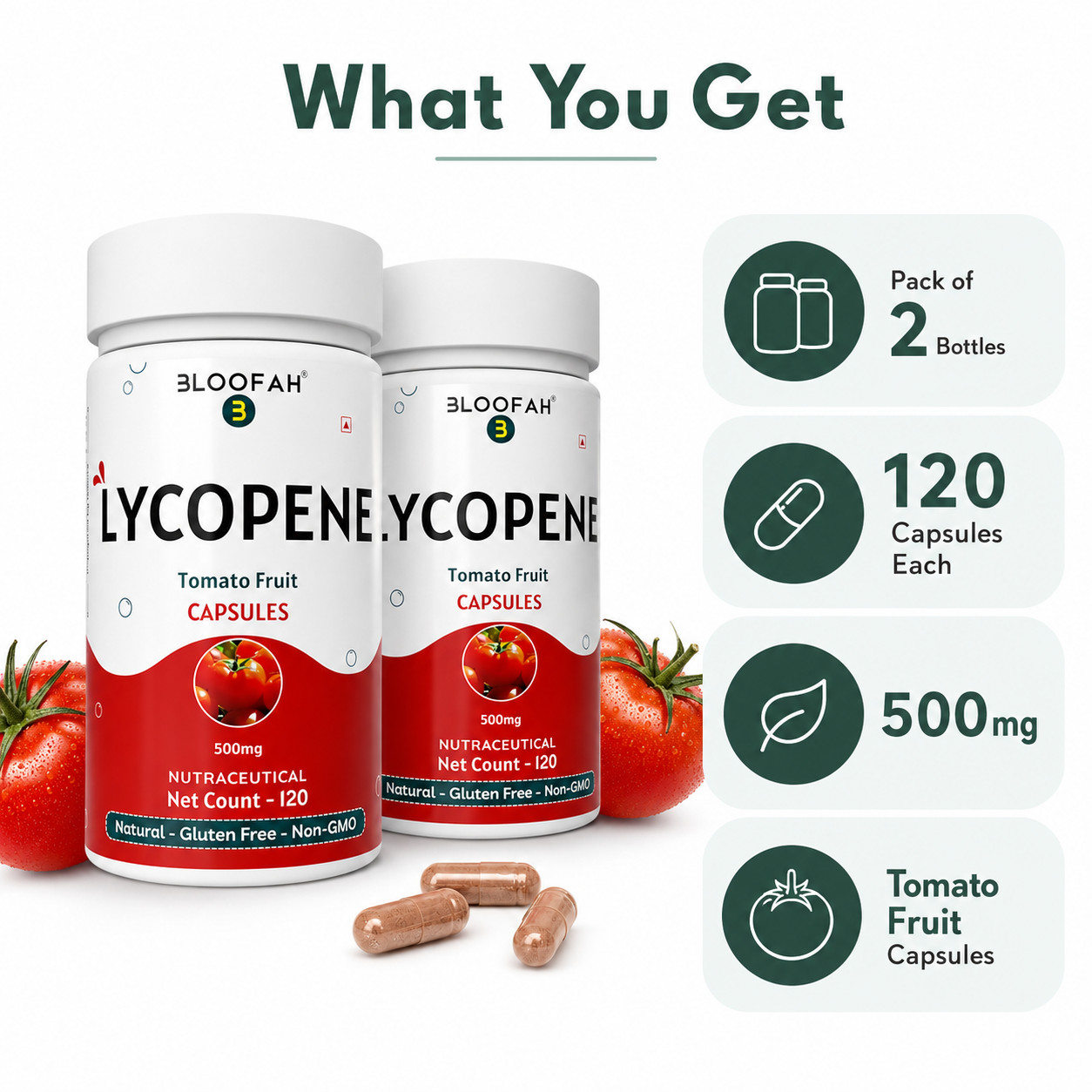 Lycopene 500mg Capsules Tomato Powder Antioxidant Wellness 120 Count Pack 2