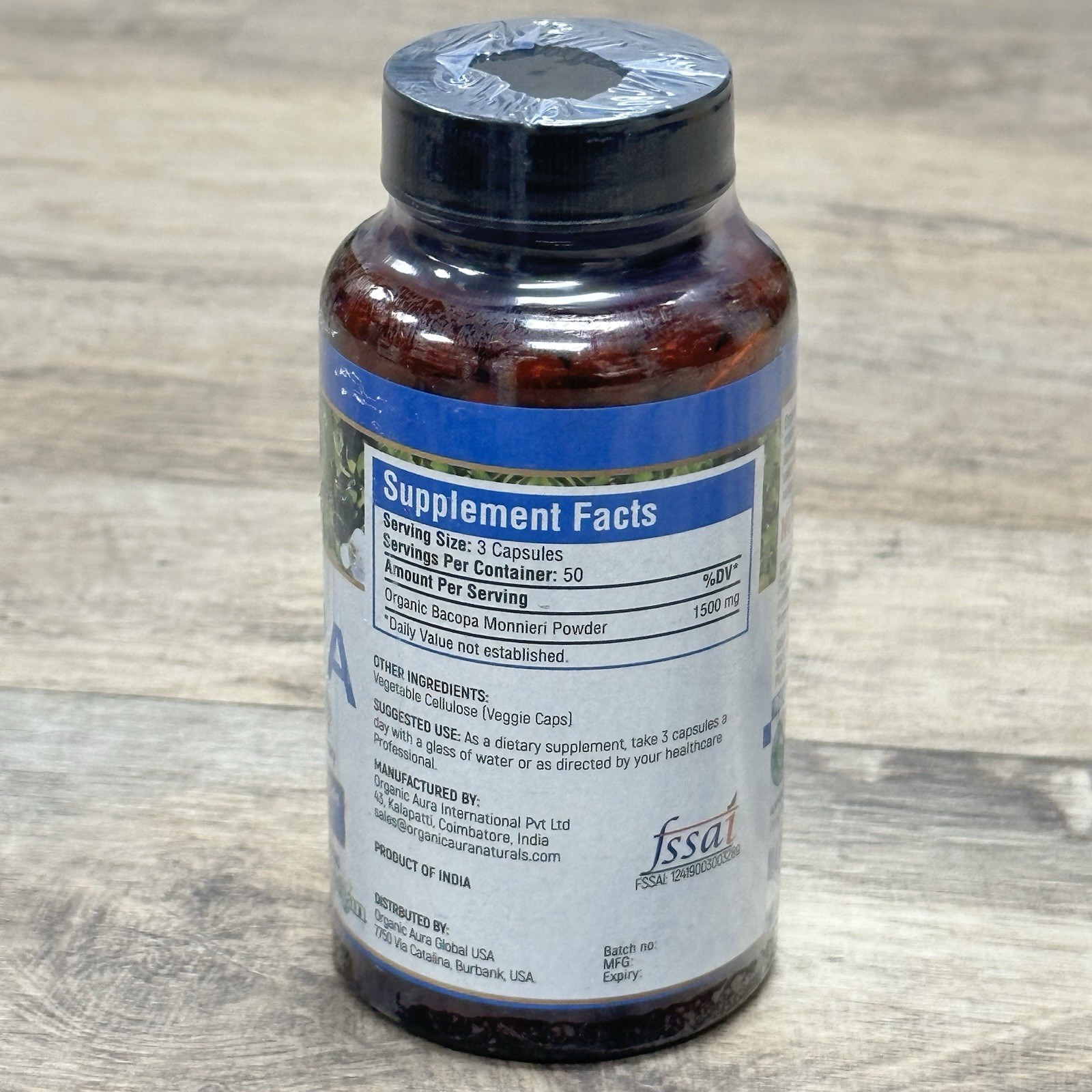 Organic Aura International Organic Bacopa Capsules 150 Caps ~ Exp 07/2027