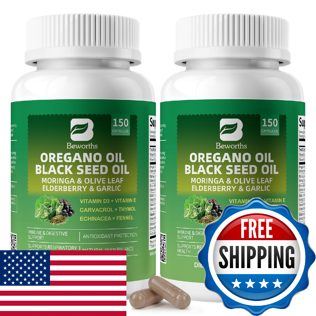 2PCS Oil of Oregano with Black Seed Oil – Oregano Oil Capsules Organic | Moringa