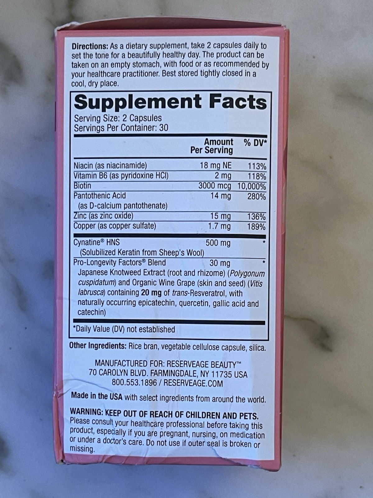 Reserveage Beauty Keratin Hair Booster Biotin 60 Gluten Free Capsules DEC2026
