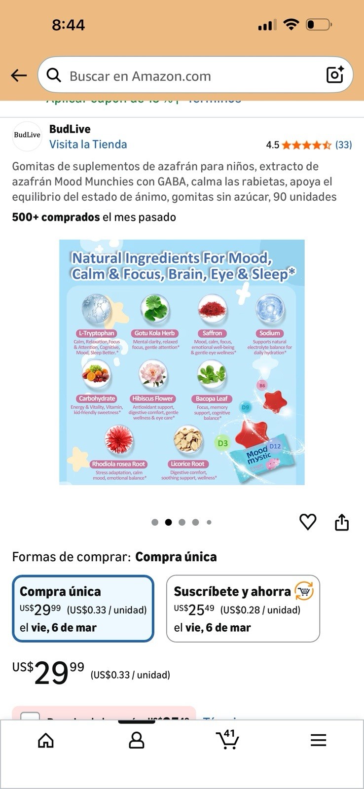 BudLive Mood Support Sugar-Free Saffron & GABA Gummies Kids Strawberry 90 Count