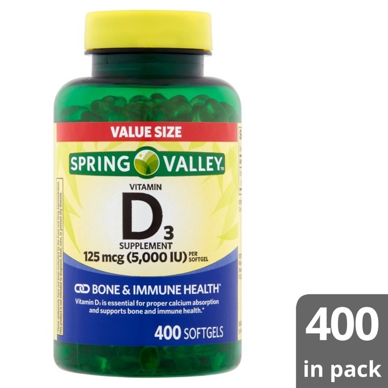 Spring Valley Vitamin D3 Softgels, 125 mcg per Softgel, 5,000 IU, 400 Count