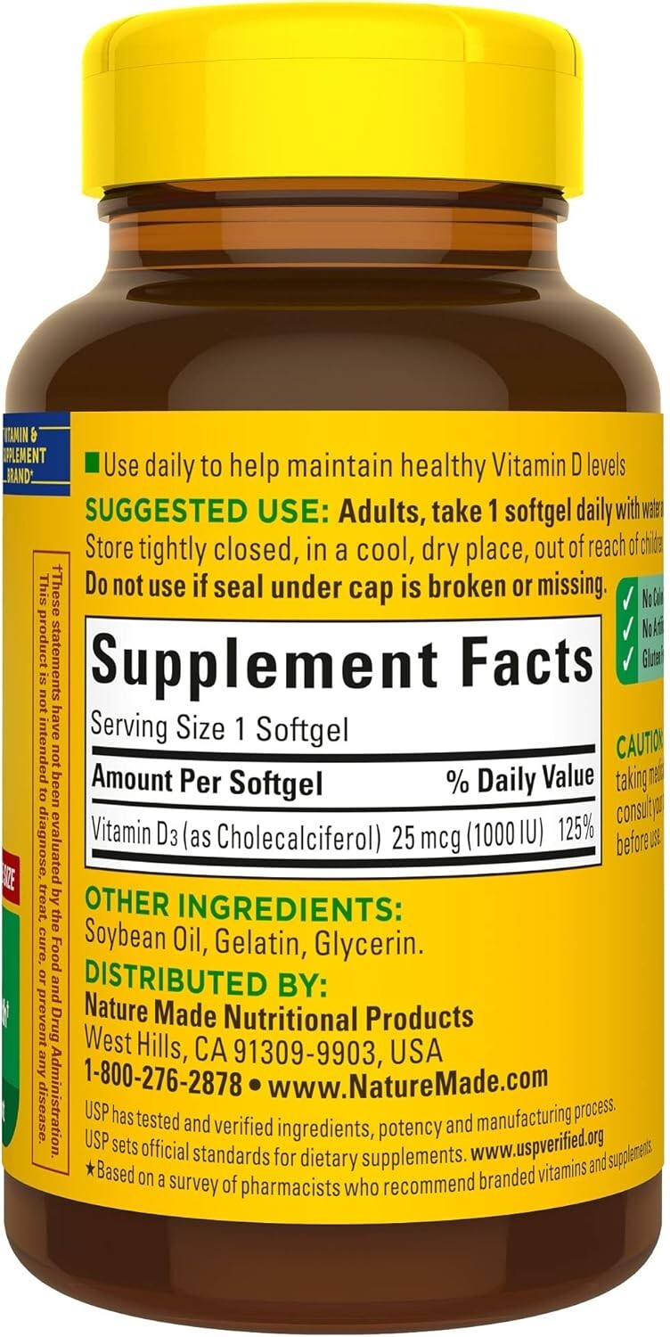 Lot of 3 x Nature Made Vitamin D3 1000 IU (25 mcg) Supplement 180 Softgels