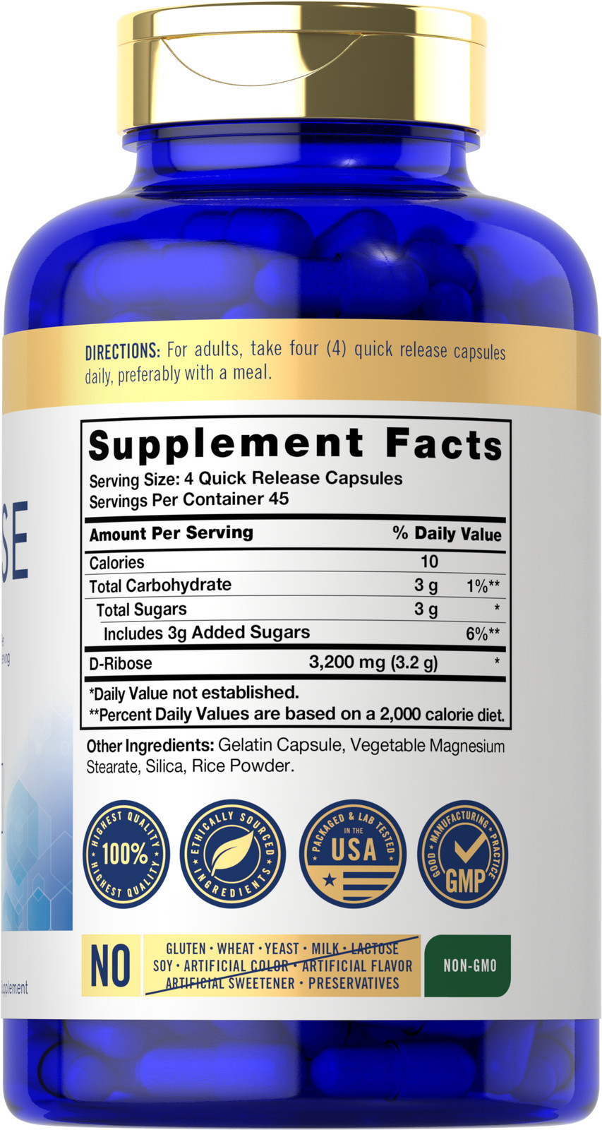 D-Ribose Capsules 3200mg | 180 Count | Vegetarian, Non-GMO | by Carlyle