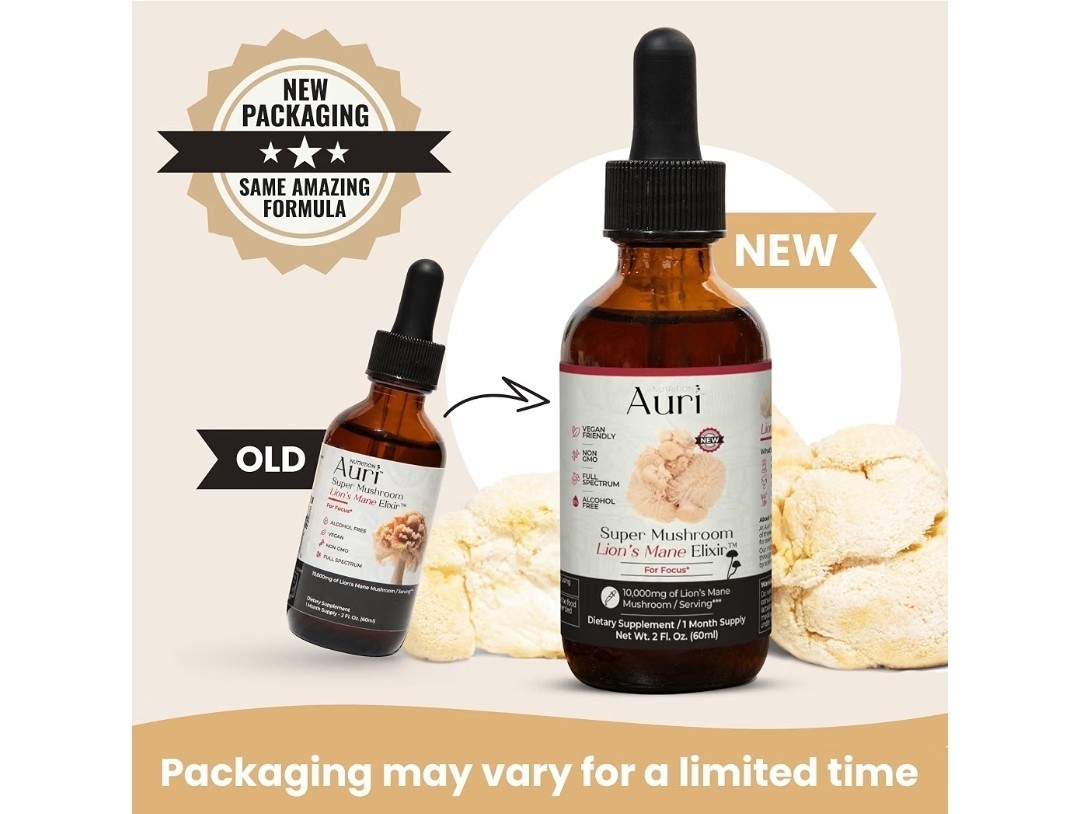Auri Nutrition Lion’s Mane Elixir Liquid Drops Focus Memory Alcohol Free 2 fl oz