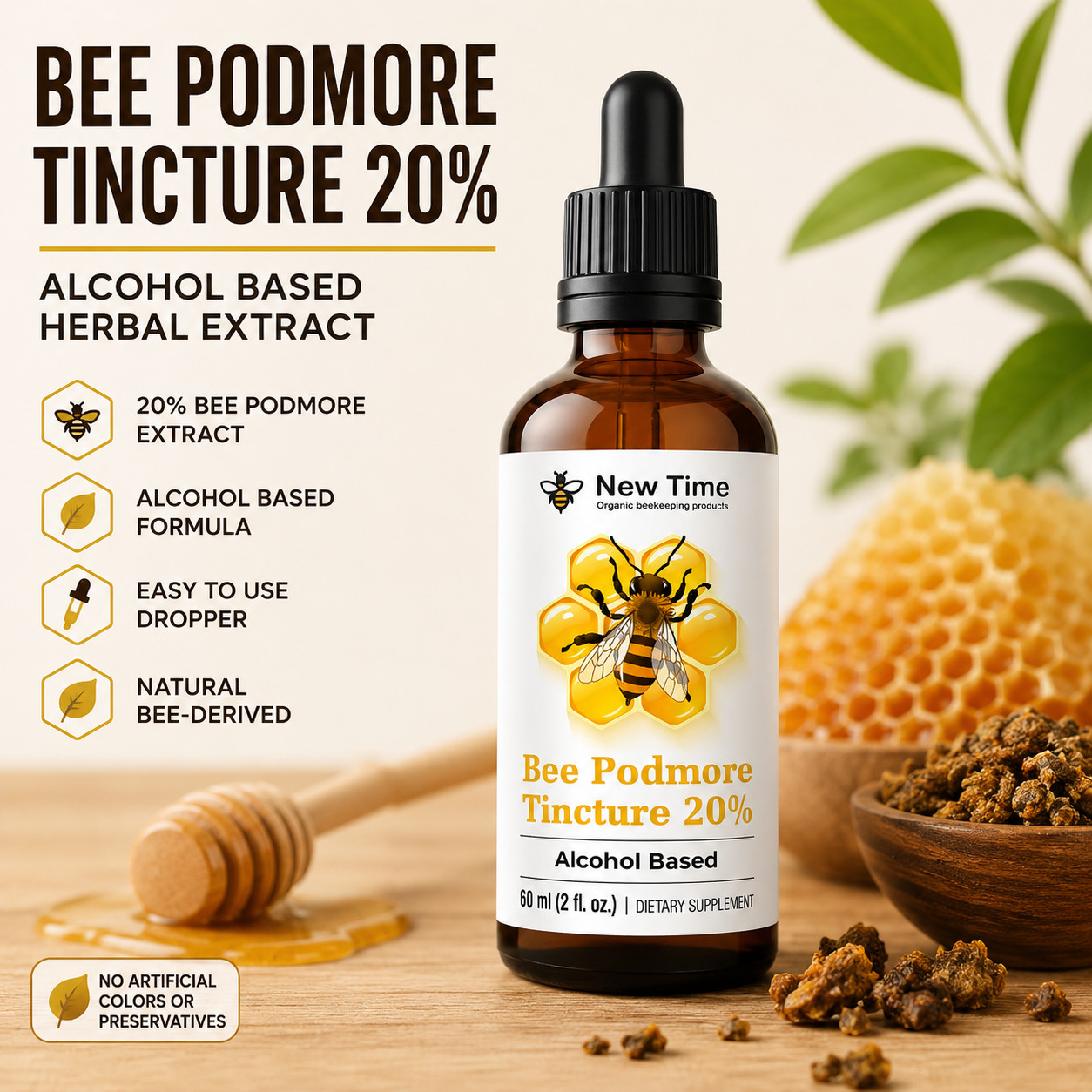 Pure Bee Podmore Tincture 20% – 3 Bottles 60mL Each Alcohol Extract Liquid Drop
