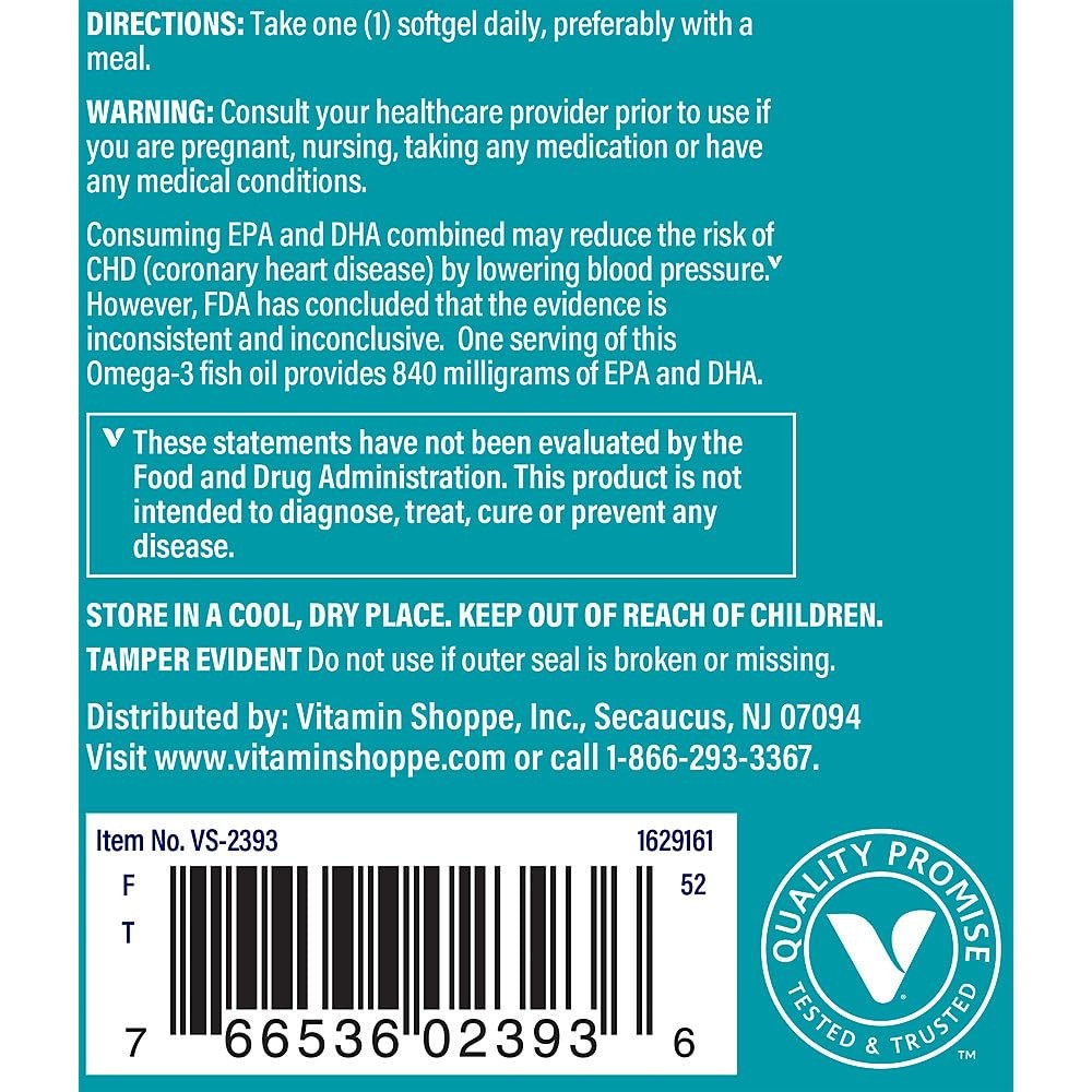 The Vitamin Shoppe Omega 3 Fish Oil 1100MG EPA DHA Heart & Brain Health 60 Softg