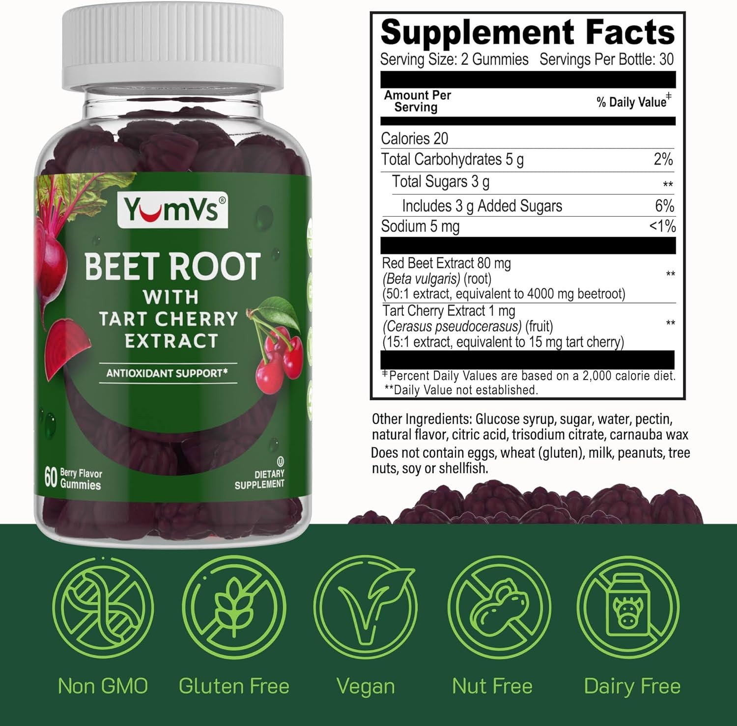 YUM-V’S Beet Root Gummies with Tart Cherry Extract – Berry Flavor Beetroot…