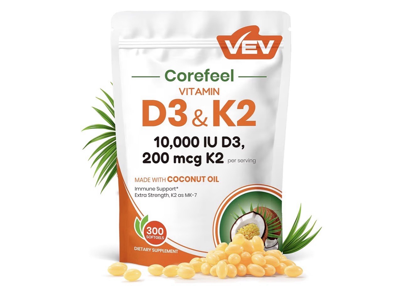 VEV Vitamin D3 & K2 10,000 IU D3 200 mcg K2 Gluten-Free Vegan 300 Softgels