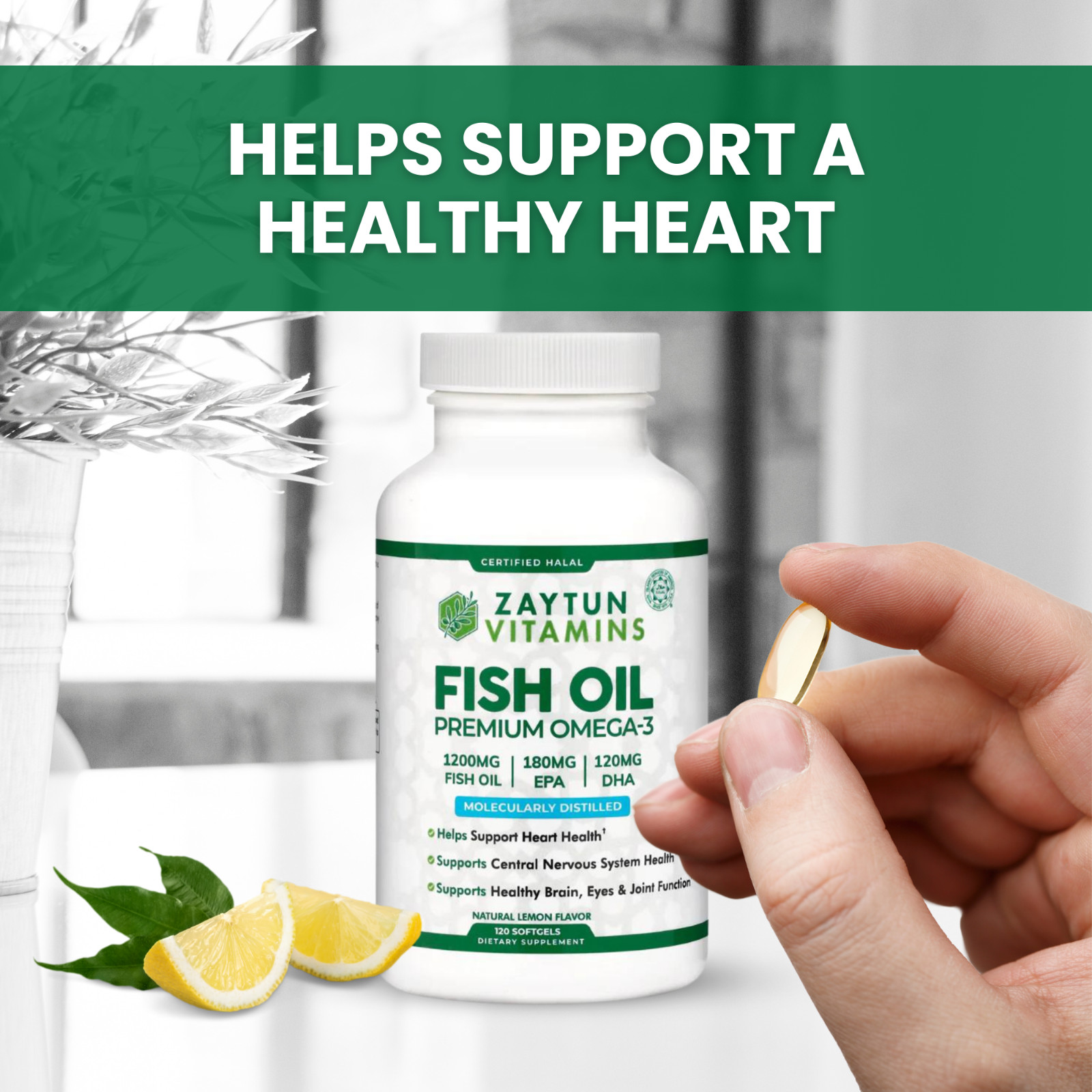 Zaytun Vitamins Halal Fish Oil 1200mg Omega-3 300mg Halal Gelatin EPA/DHA 120 Ct