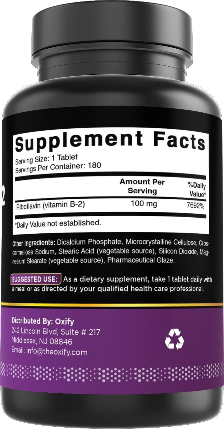 Oxify Vitamin B-2 (Riboflavin) 100 mg, 180 Tablets, Made in USA