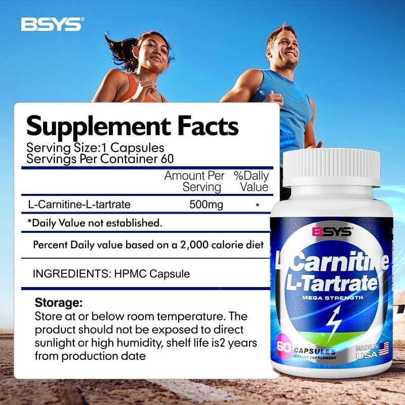 L-Carnitine for Adult, Fitness Exercise 60 Capsules 500 mg Energy Supplement