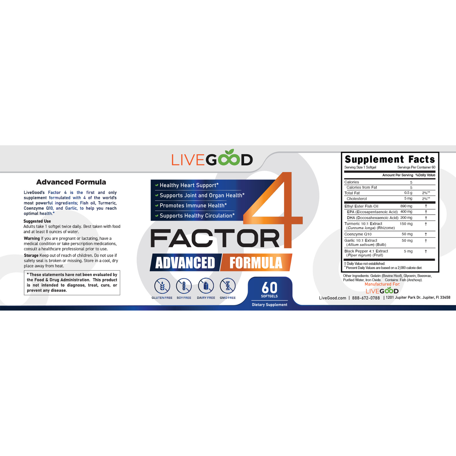 Factor 4 Advanced Formula Fish Oil Turmeric CoQ10 Garlic Anti-Inflammatory 60ct