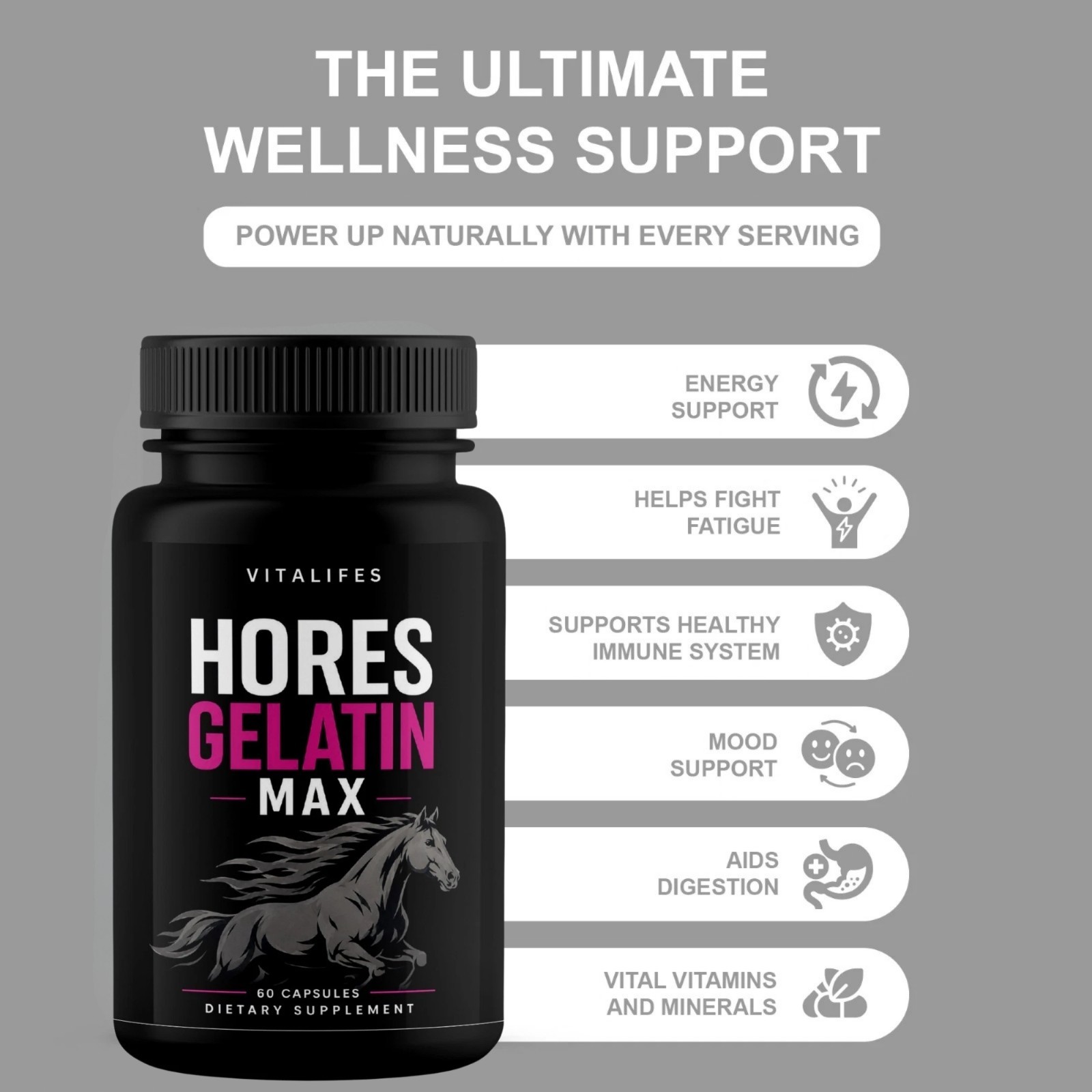 Horse Gelatin Max Performance Capsules, Horse Gelatin Max Pills (60 Capsules)