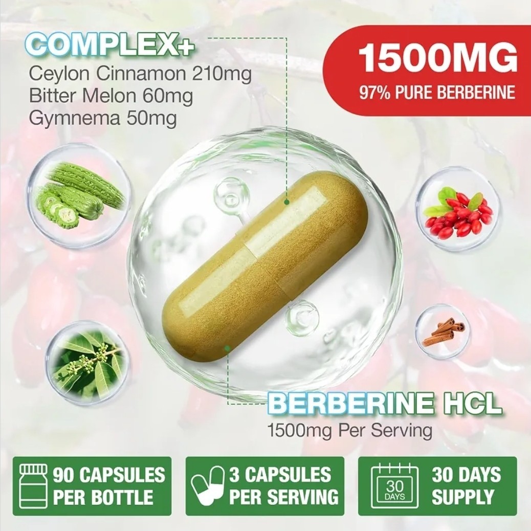 Berberine Hcl +ceylon Cinnamon Bitter Melón Gymnema 1500 Mg 90 Capsules PacK 2