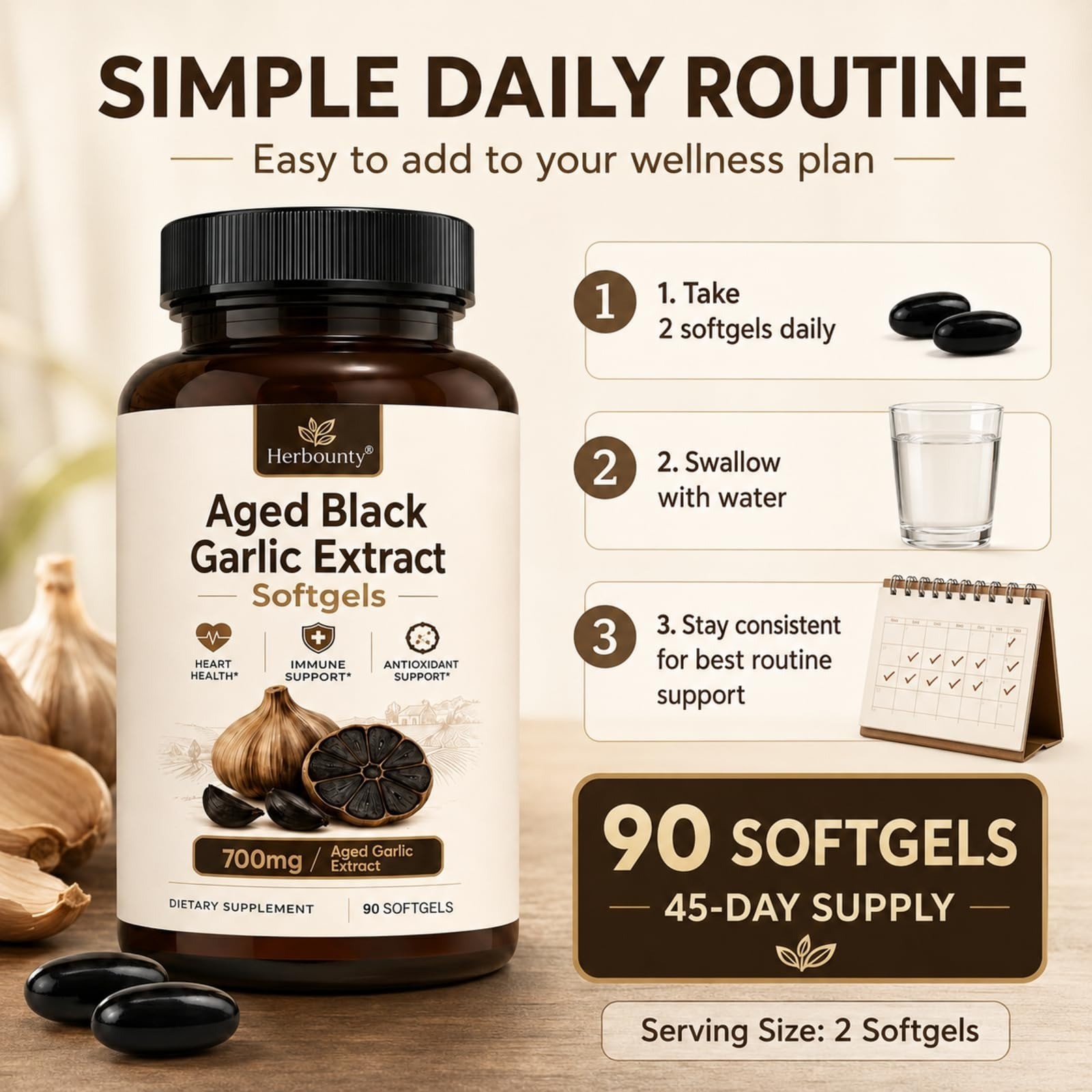 Herbounty Odorless Fermented Black Garlic Extract 700mg 90 Softgels