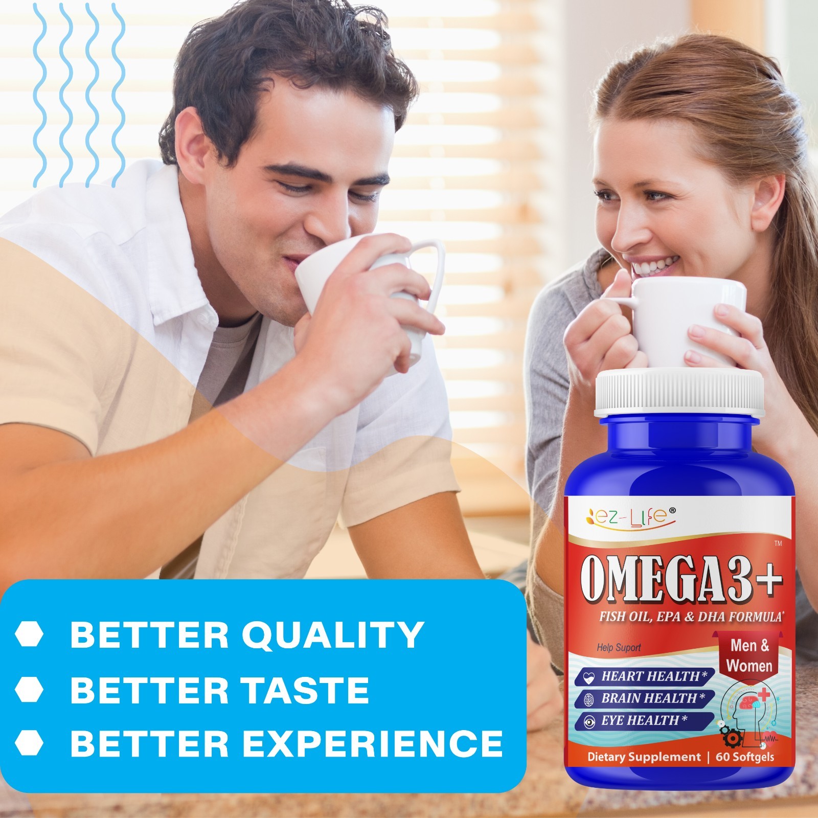 Fish Oil EPA DHA Omega 3 Supplement for Brain Heart Eye Support- 60 Softgels
